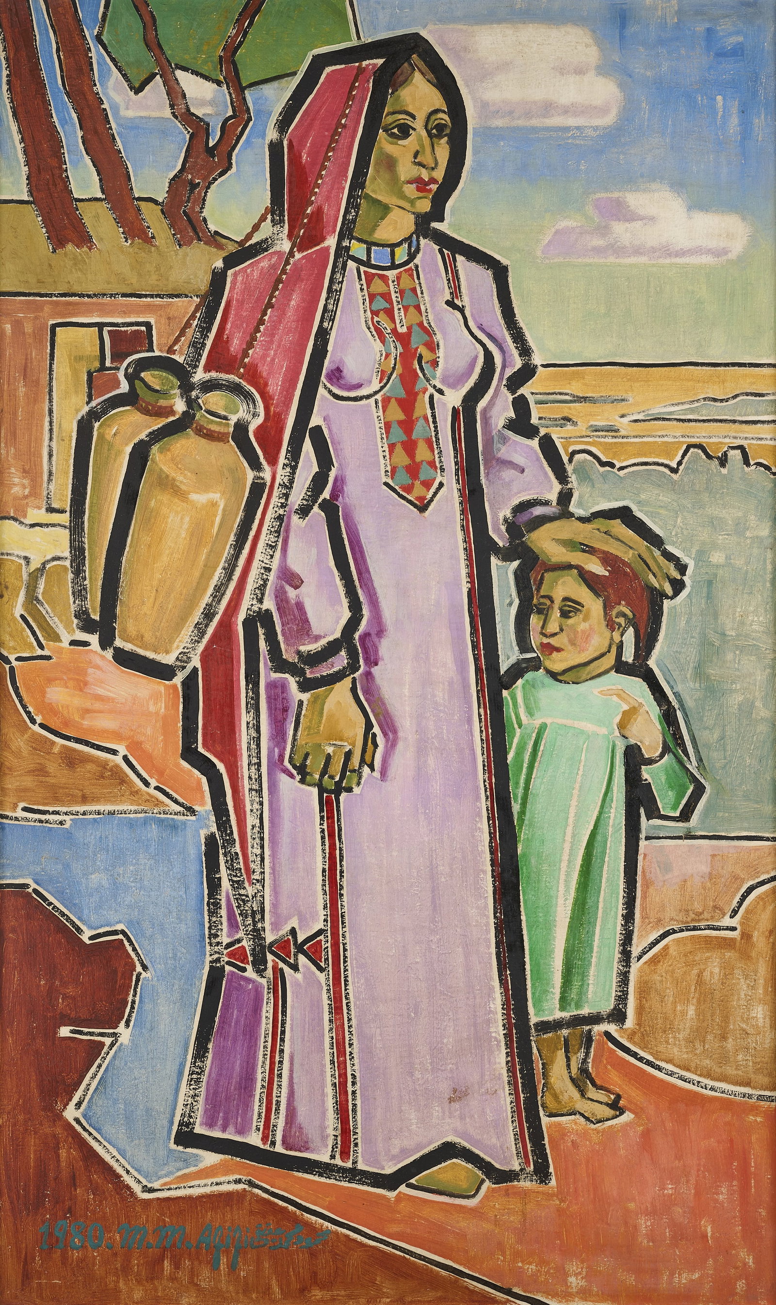‡ MAHMOUD AFIFI (EGYPTIAN 1920-1984): FROM THE NEW VALLEY signed and dated 1980 M.M. Afifi in English and Mahmoud Mohamed Afifi in Arabic lower left; inscribed From the New Valley in Arabic on the reverse oil on panel 120.2 x 73.5cm; 47 1