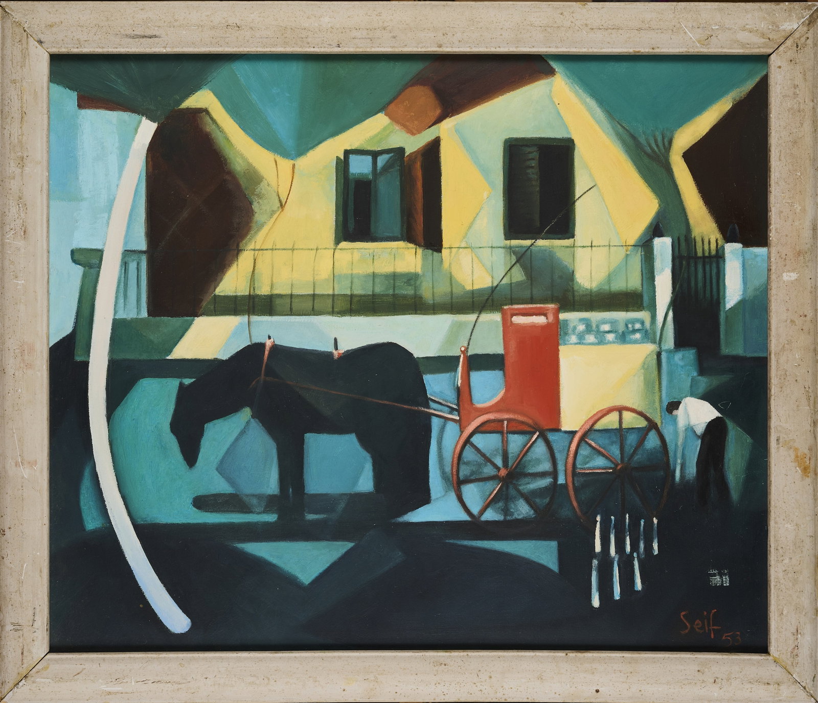 ⊕ SEIF WANLY (EGYPTIAN 1906-1979): THE MILKMAN signed and dated Seif / 53 lower right; inscribed in Arabic on the reverse oil on board 50 x 59cm; 19 5/8 x 23 2/8in 56 x 66cm; 22 x 26in (framed) Sold With a Certificate of Authenticity f