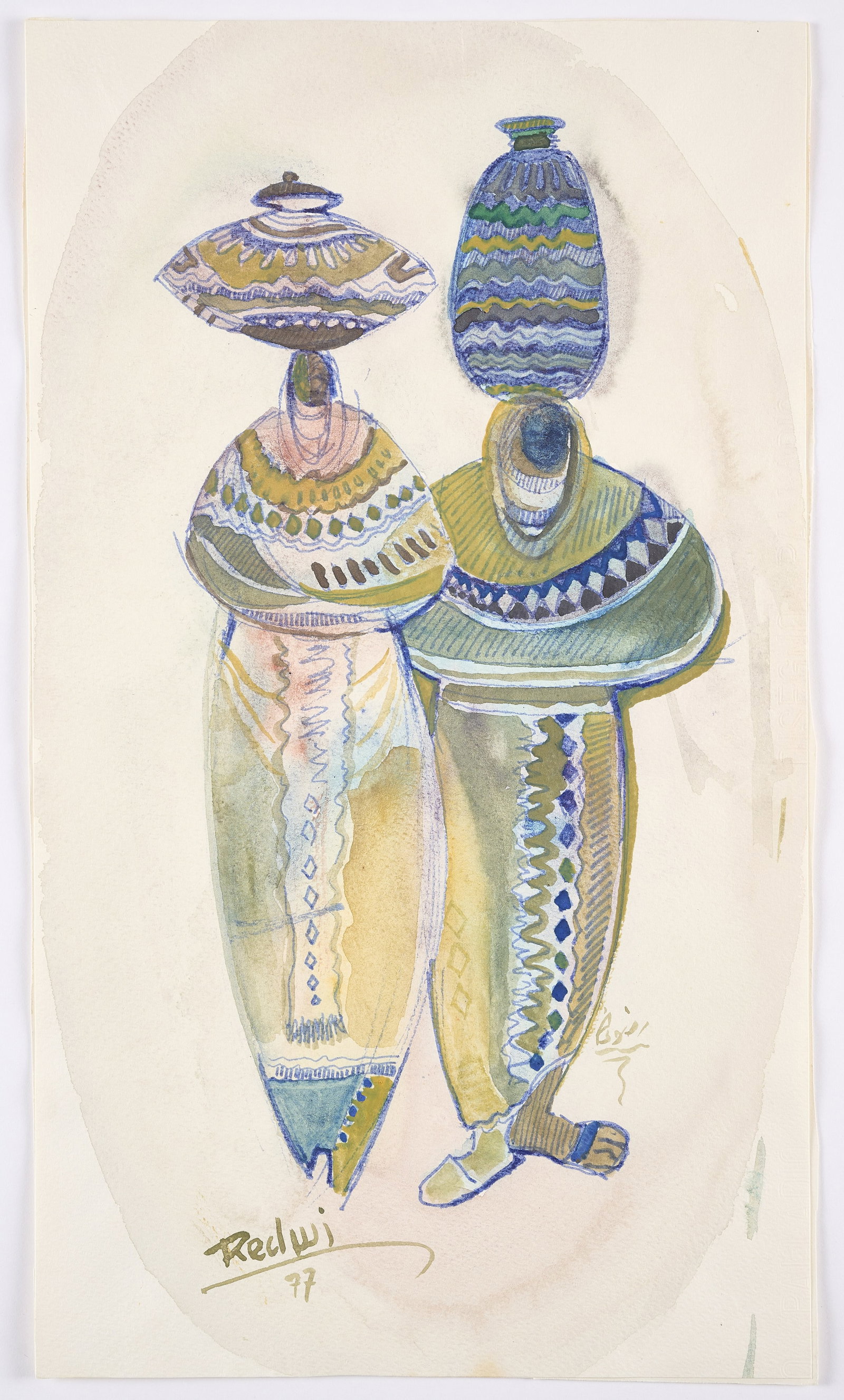 ‡ ABDULHALIM RADWI (SAUDI ARABIAN 1939-2006): UNTITLED (WOMEN WITH POTS) signed and dated Redwi / 77 in English; signed Radwi in Arabic lower centre watercolour on paper 30.7 x 18.2cm; 12 x 7 1/8in 41.7 x 29.5cm; 16 3/8 x 11 5/8in (mounted)