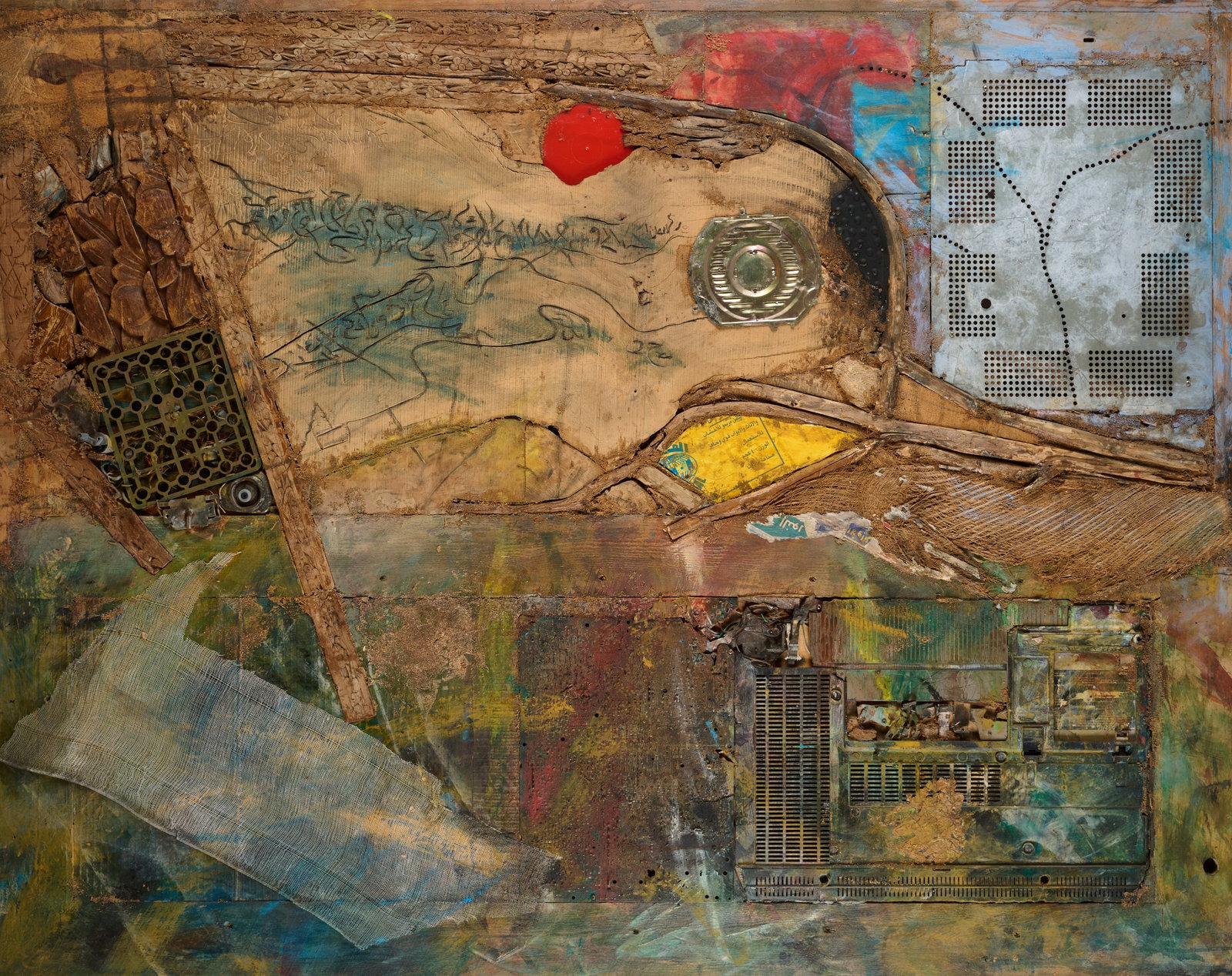 MOHAMMED AL GHAMDI (SAUDI ARABIAN B.1959): UNTITLED (RECLAIMED WOOD) signed M. ALGhamdi and inscribed in Arabic on the reverse mixed media on board 113.6 x 143.7cm; 44 3/4 x 56 5/8in 119.5 x 149.6cm; 47 x 58 7/8in (framed) Sold with a Certific
