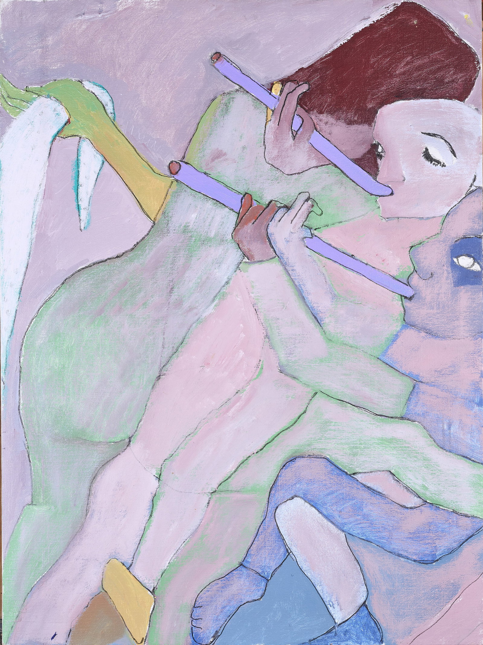 ⊕ ‡ ARDASH KAKAFIAN (IRAQI 1941-2000): THE FLAUTISTS acrylic on canvas 129.7 x 97cm; 51 x 38 1/8in unframed Property of a Private Collector, The Netherlands Executed circa 1990 Provenance Studio of the artist A
