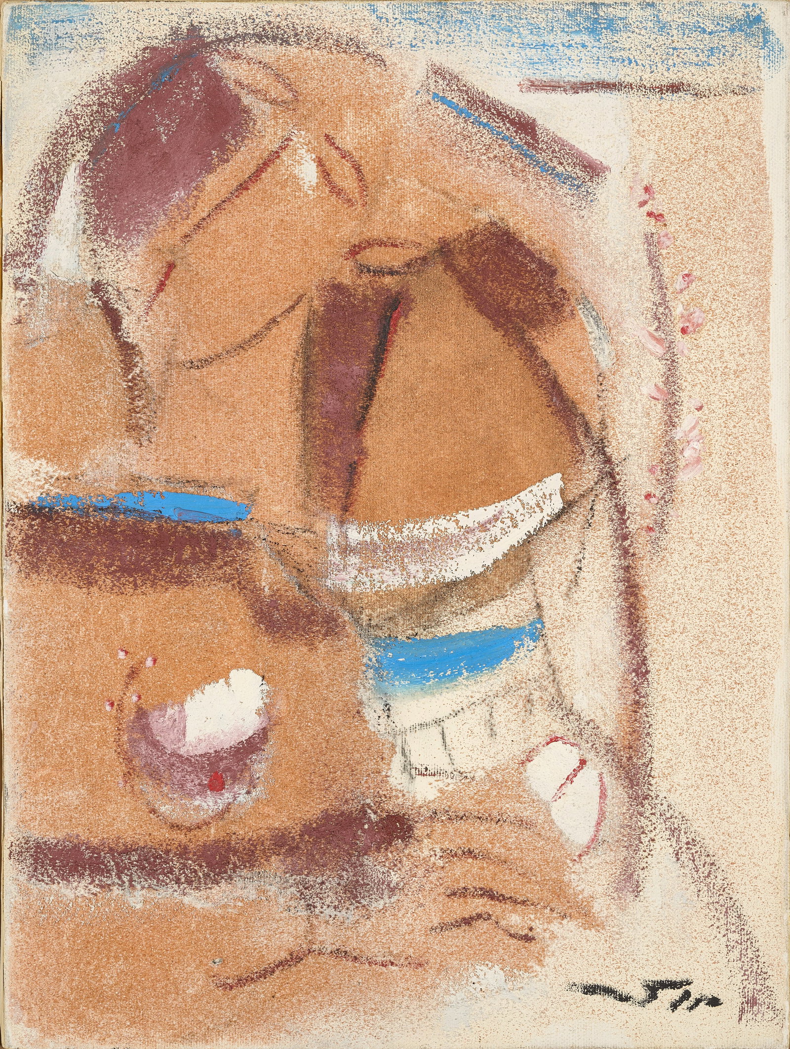 ‡ FATEH MOUDARRES (SYRIAN 1922-1999): LES AMANTS (THE LOVERS) signed Moudarres in Arabic lower right; inscribed in Arabic on the reverse oil and sand on canvas 40.5 x 30.5cm; 16 x 12in unframed Executed in 1993 A seminal figure in Syr