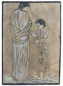 Gouache on board. Featuring two persons in robes.