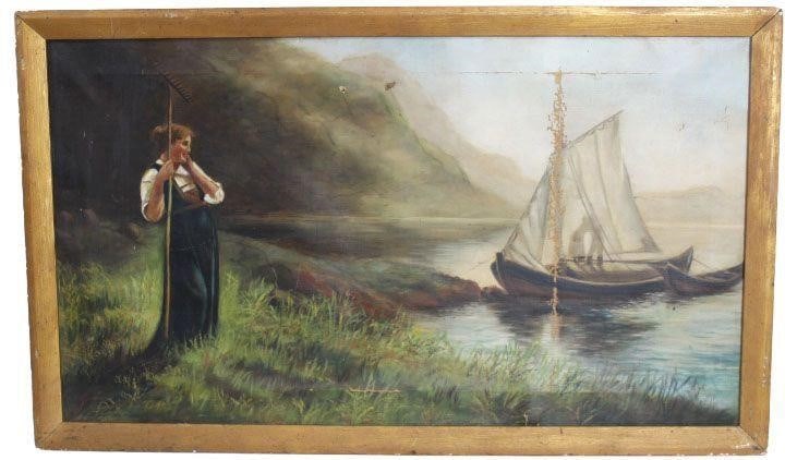 Norwegian Fjord oil painting: In the manner of Hans Dahl: The work was executed by an unknown hand, but was designed deliberately to emulate the style of the artist. Painting is framed. Dimensions: 19" x 32"