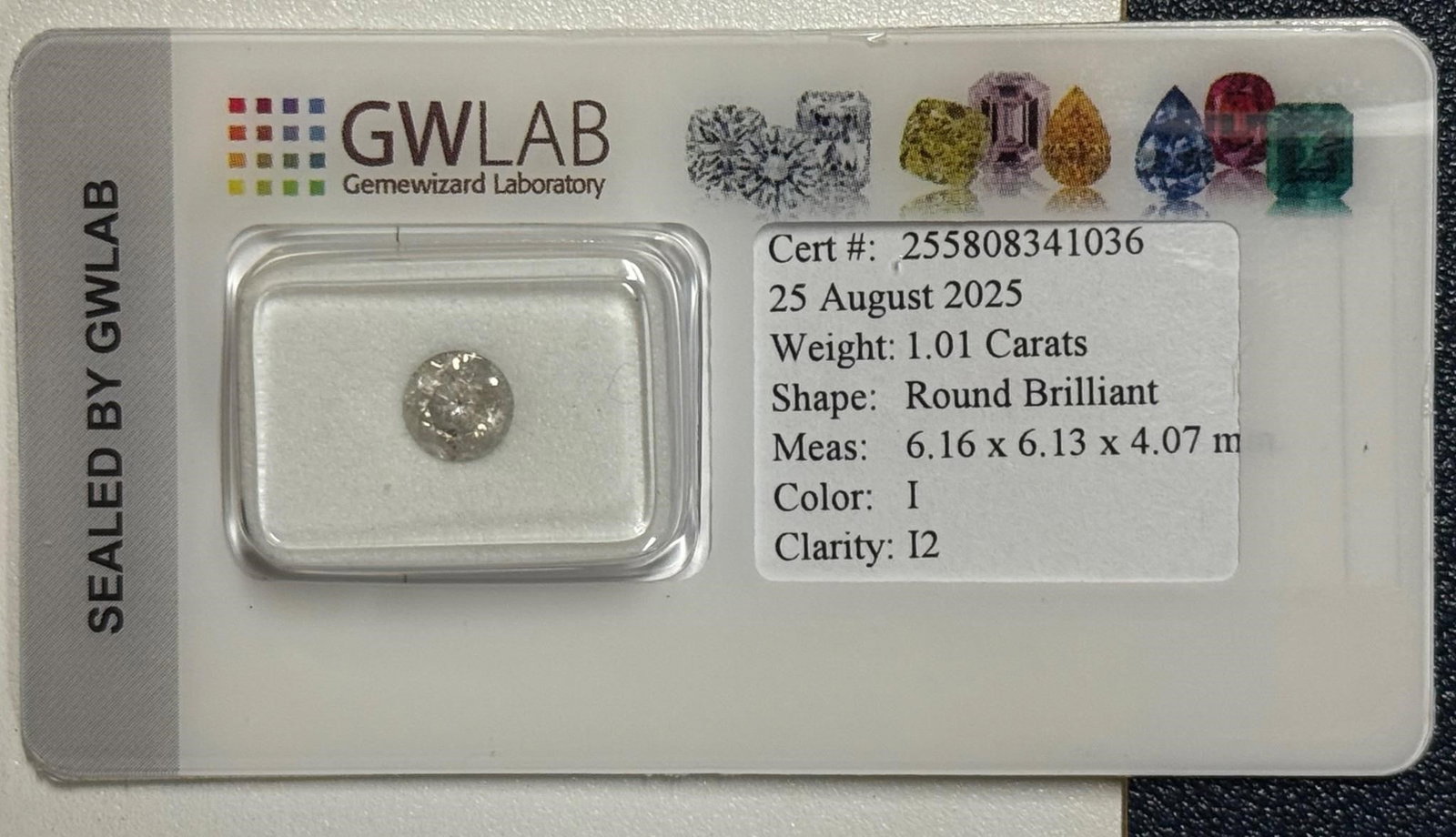 Natural Round Diamond- 1.01 Ct: 1 pcs Diamond (Natural) - 1.01 ct -Round - I - I2 -Gemewizard Gemological Laboratory (GWLab)