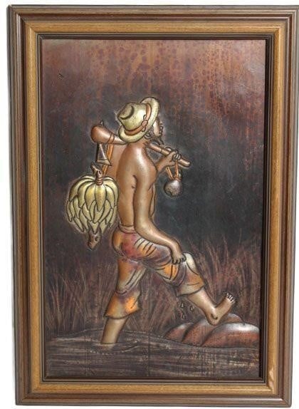 Tribal Art: Copper artwork: African copper art.Dimensions: 9" x 13"Copper ArtArtwork is framed.The work was executed by an unknown hand.