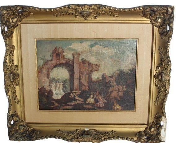 Landscape with ruins, Adolphe Monticelli: Painting: Attributed to Adolphe Joseph Thomas Monticelli (1824-1886), landscape with ruins, oil on canvas applied to board. Painting is framed.Without frame: Sight 11" x 15".With frame: approximately