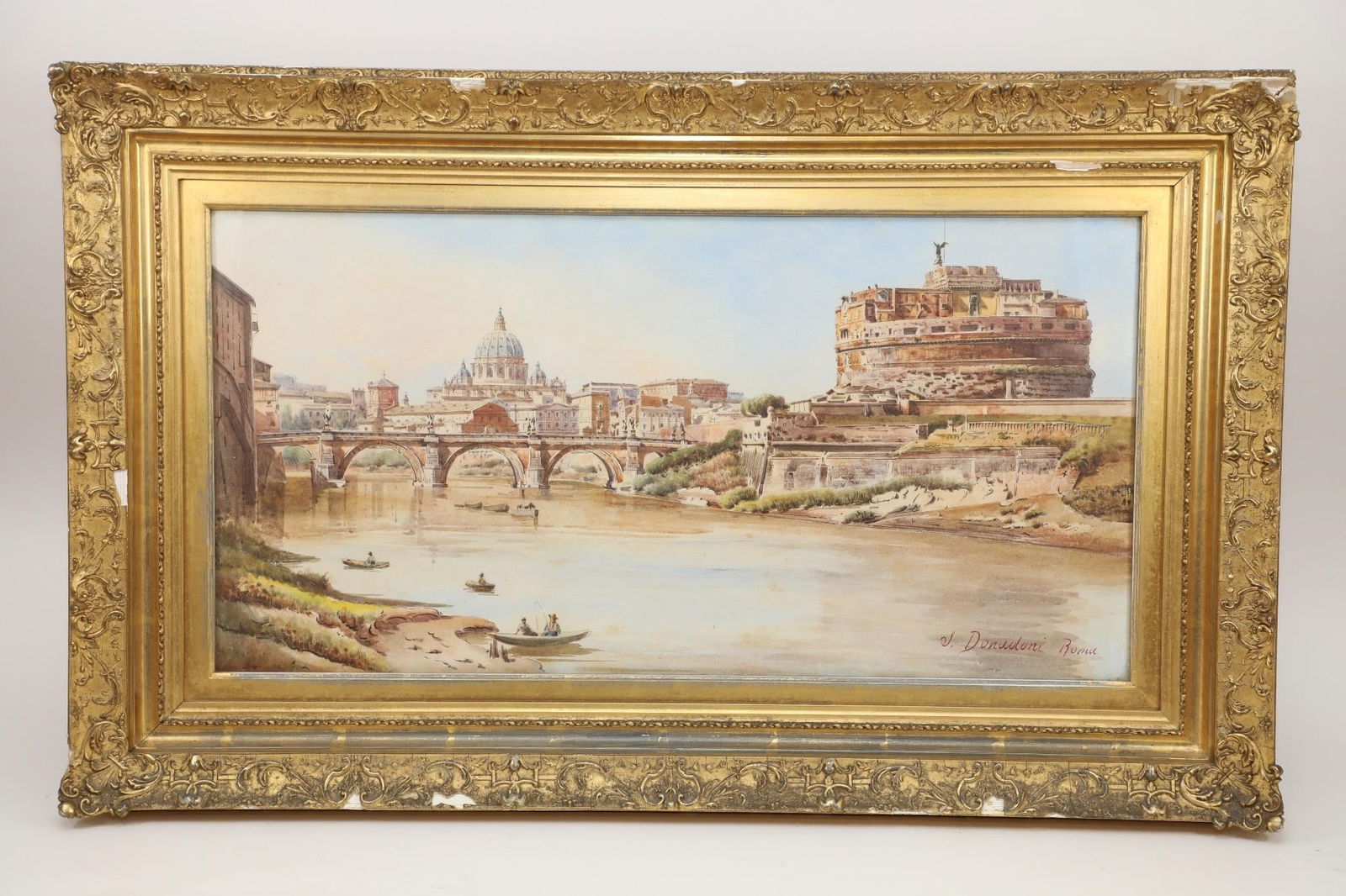 Stefano Donadoni (1844 - 1911) - Rome: Stefano Donadoni (1844 - 1911) - Rome. Framed Water Color Painting of Rome.The Tiber at Castel Sant'Angelo, St. Peter's Basilica in the background. Signed