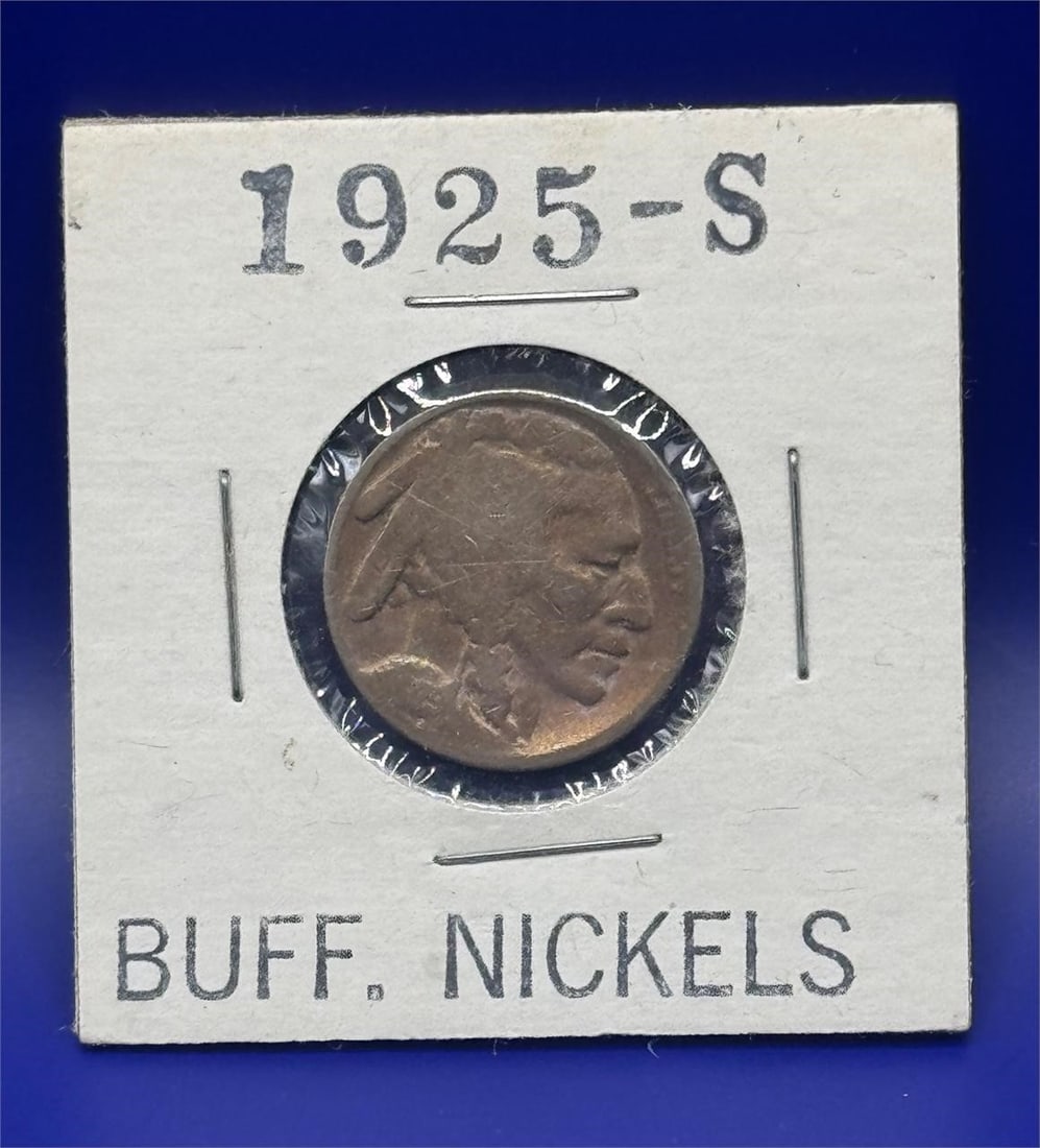 1925s Buffalo nickel: Dimensions: 2in x 2in1925-S Buffalo nickel.The coin was minted in San Francisco, as indicated by the "S" mint mark. It is a five-cent piece, also known as an Indian Head nickel, designed by sculptor