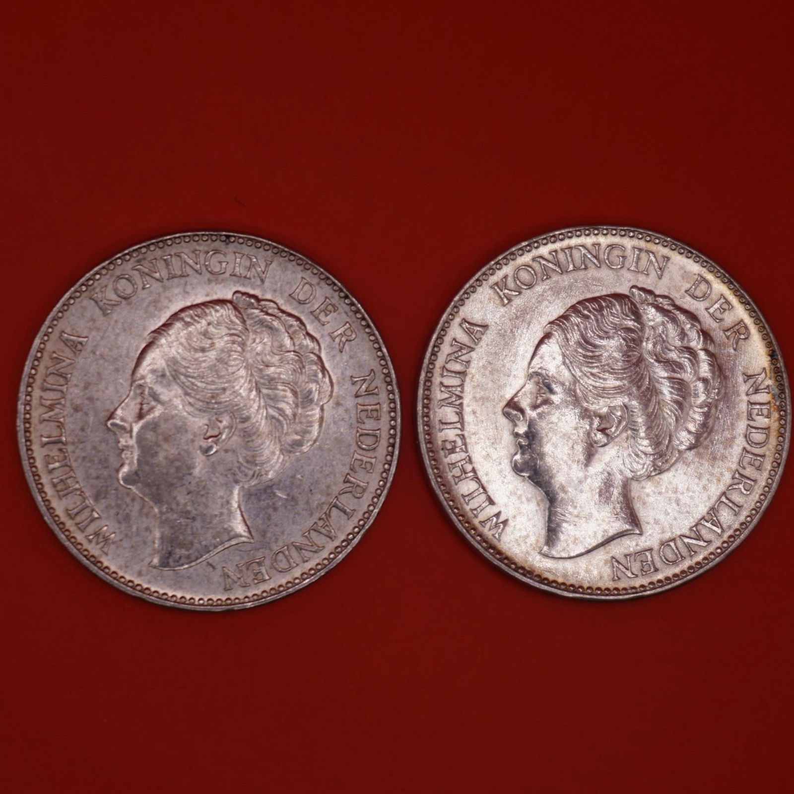 1940 Netherlands Queen Wilhelmina Silver Gulden: Two 1940 Netherlands silver 1 Gulden coin featuring Queen Wilhelmina, struck in .720 silver.