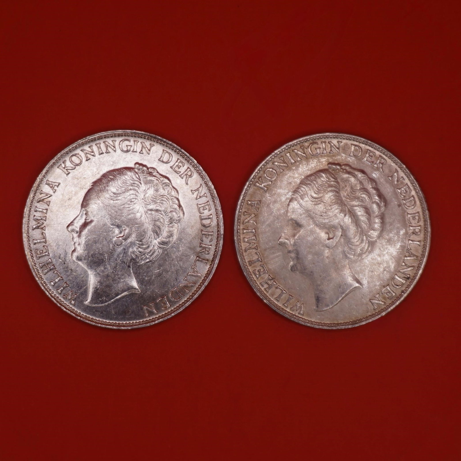 1943 Netherlands Queen Wilhelmina Silver Gulden: Two 1943 Netherlands silver 1 Gulden coin featuring Queen Wilhelmina, struck in .720 silver.