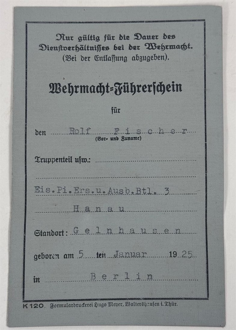 WWII German Wehrmacht Driver's License (1944): Original late-war German Wehrmacht driver's license issued in Gelnhausen in 1944, with official stamps and original signature. No photo present.
