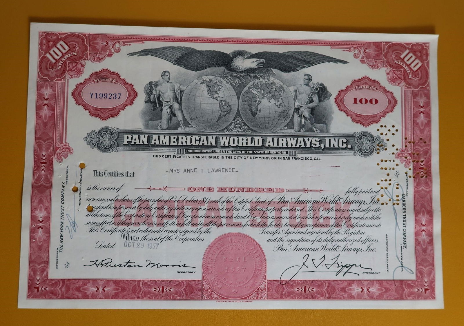 Original Canceled Pan Am Stock Certificate: This is an original, canceled Pan American World Airways, Inc. stock certificate. Company: Pan American World Airways, Inc. (Pan Am), incorporated under the laws of the State of New York. Shares: 100