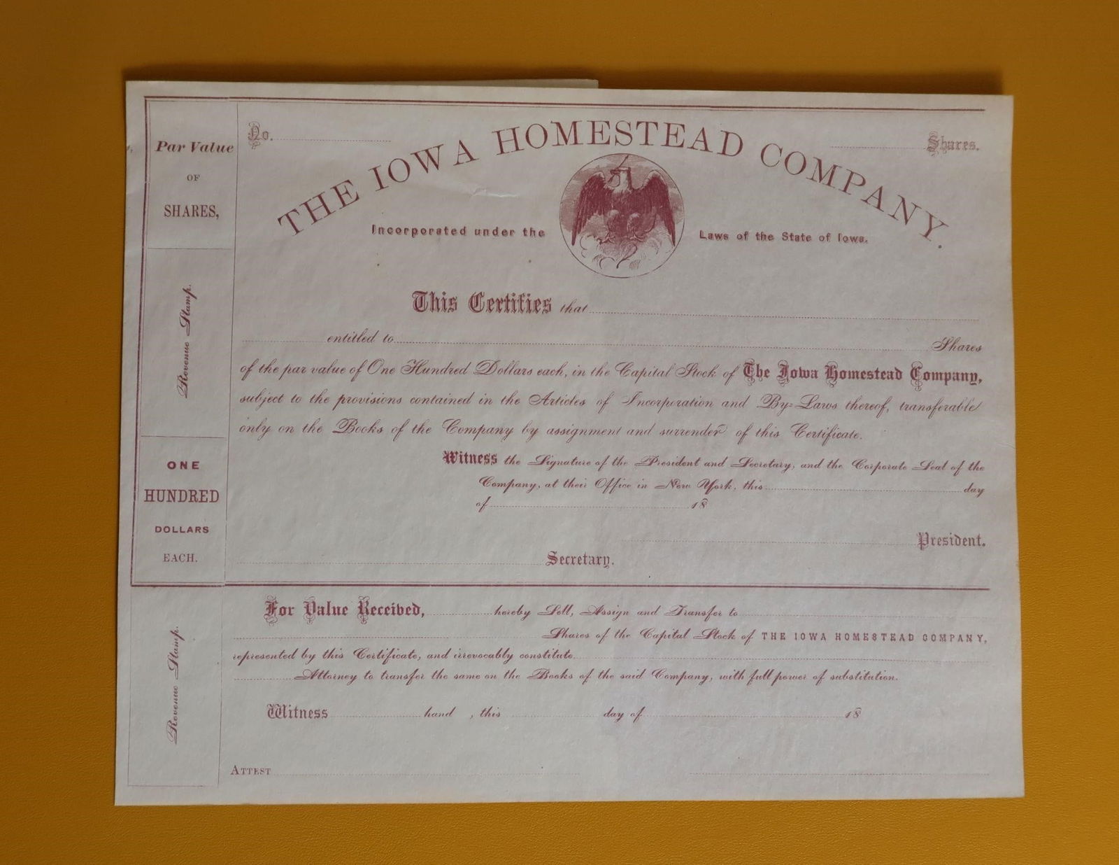 Antique Iowa Homestead Co. Stock Certificate (1 of 2)
