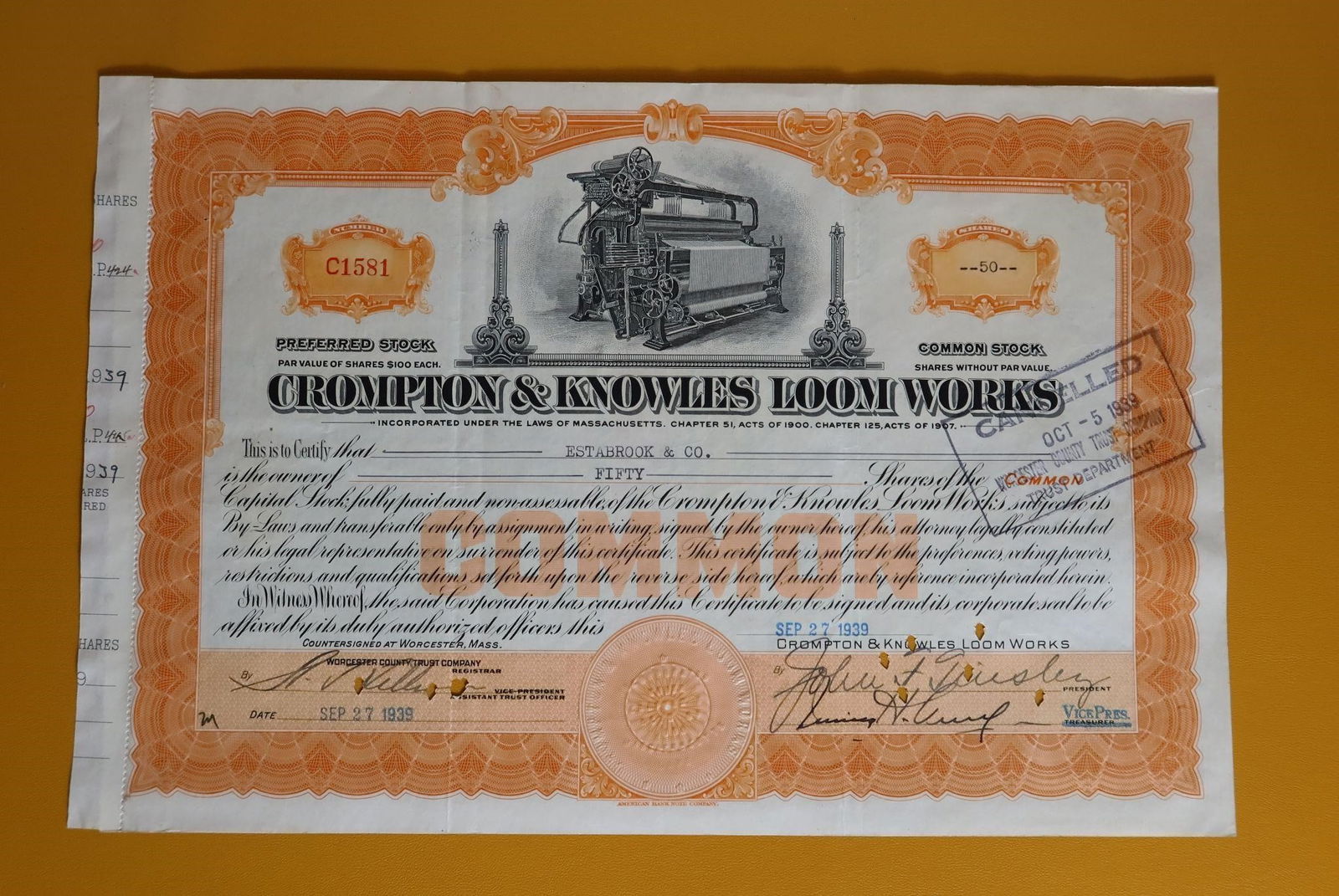Crompton & Knowles Loom Works Stock Certificate: A Crompton & Knowles Loom Works stock certificate. The certificate was issued on September 27, 1939. It represents fifty shares of common stock. The company was a major manufacturer of textile looms,