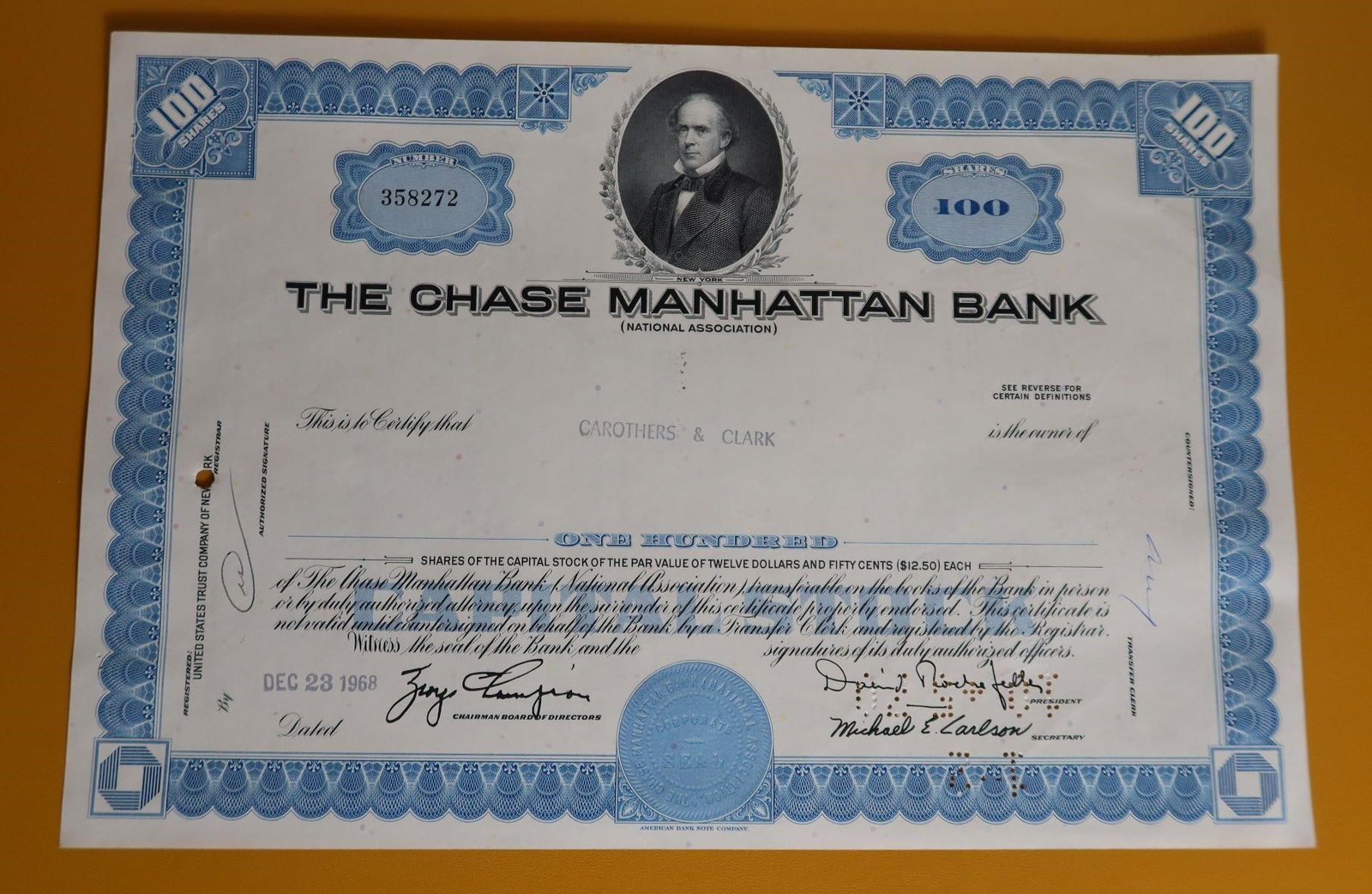 Chase Manhattan Bank Stock Certificate: A Chase Manhattan Bank stock certificate from the 1960s, issued for 100 shares. These certificates are often sold as collectibles due to their historical significance. Bank History: The Chase