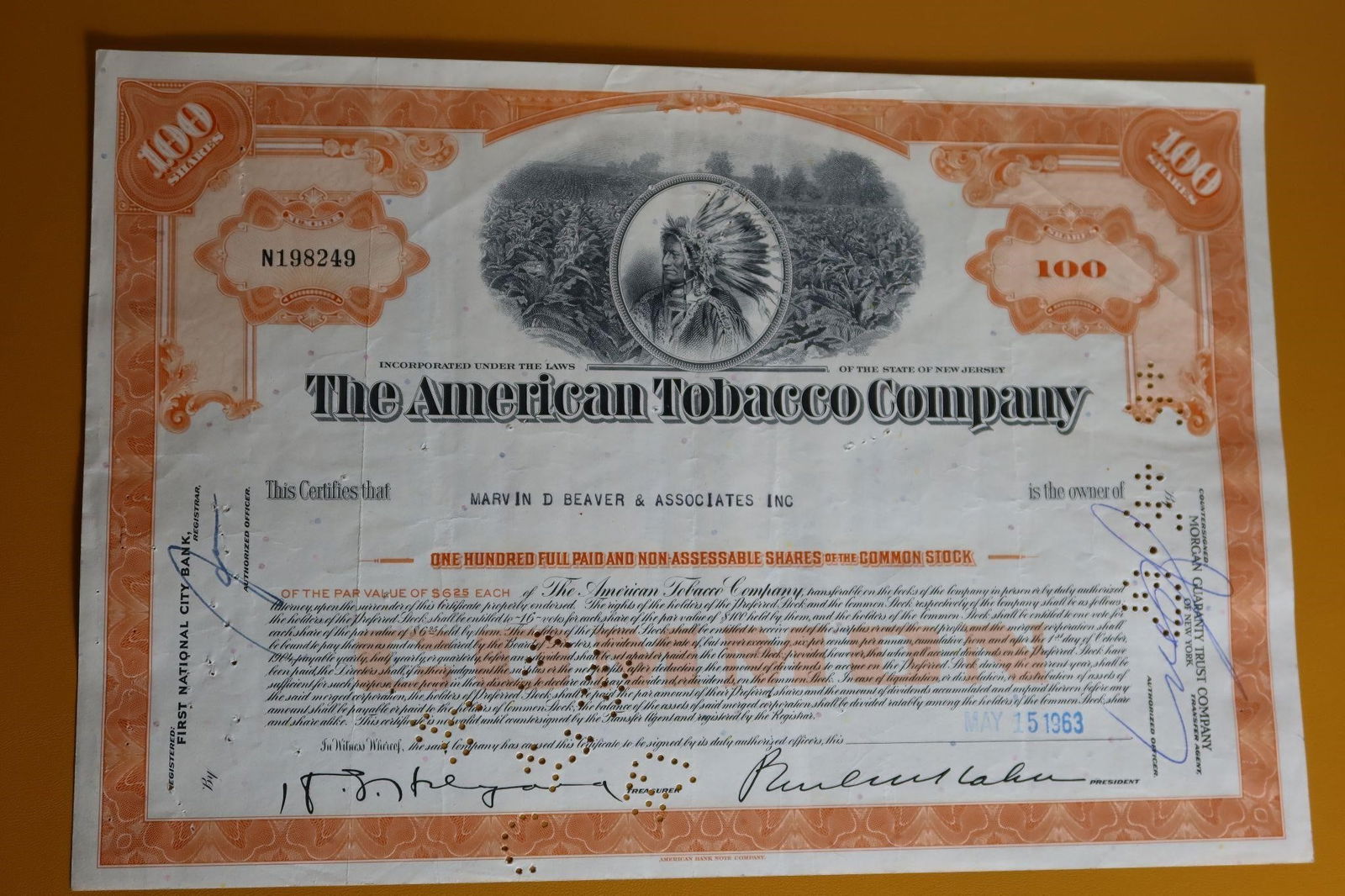 The American Tobacco Company Stock Certificate (1 of 2)