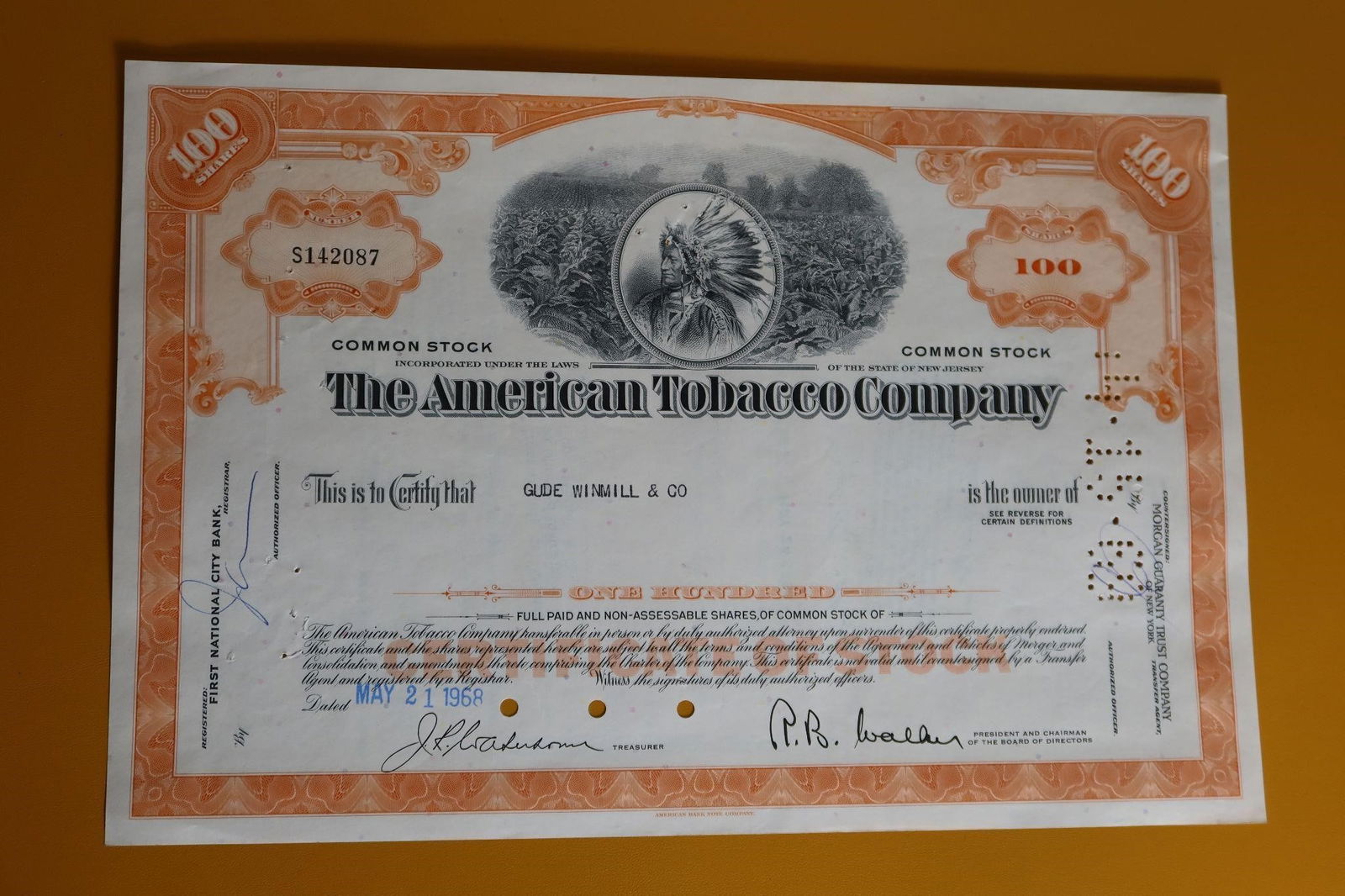 The American Tobacco Company stock certificate (1 of 2)