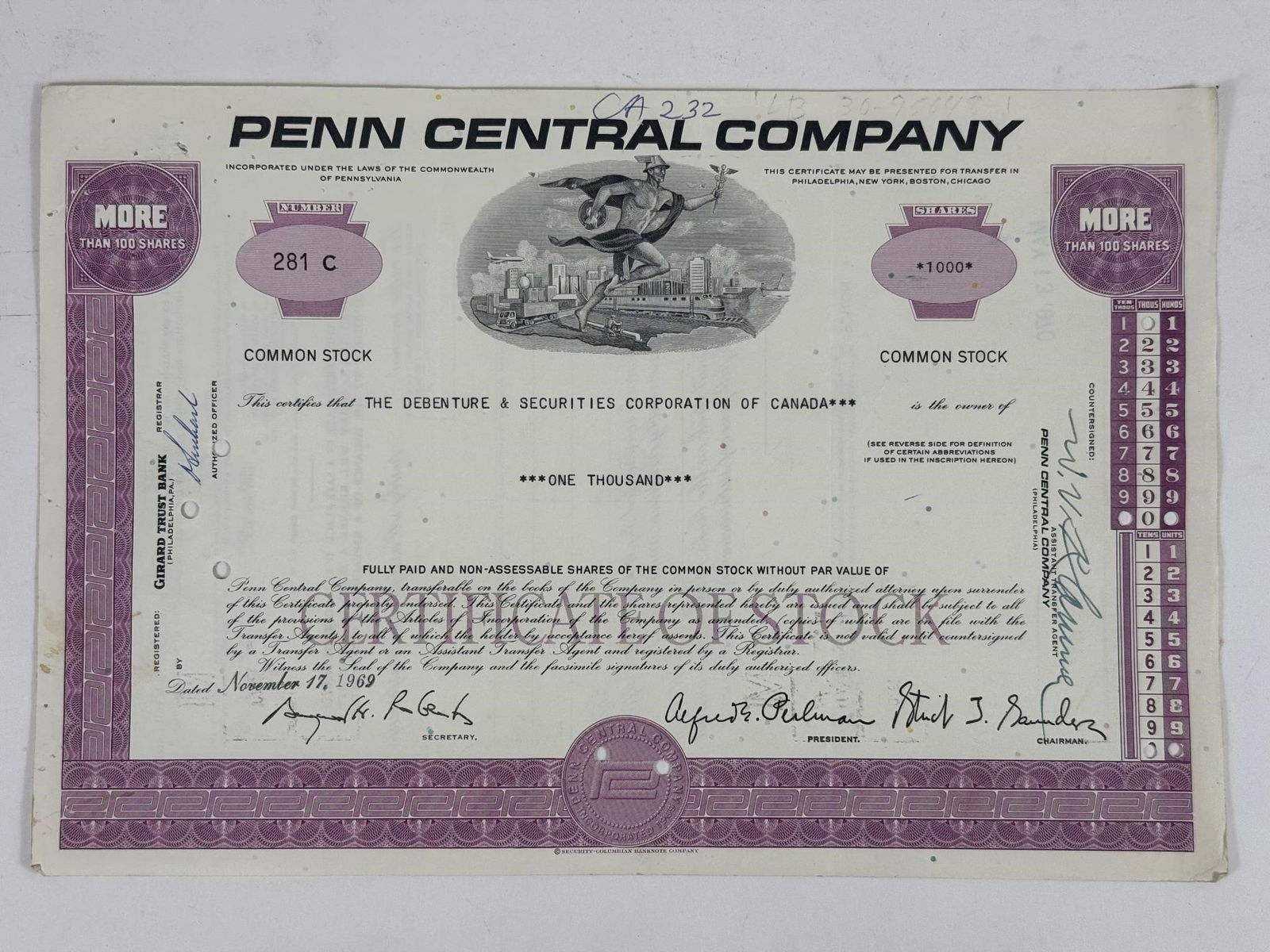 Penn Central Company Stock Certificate (1 of 2)