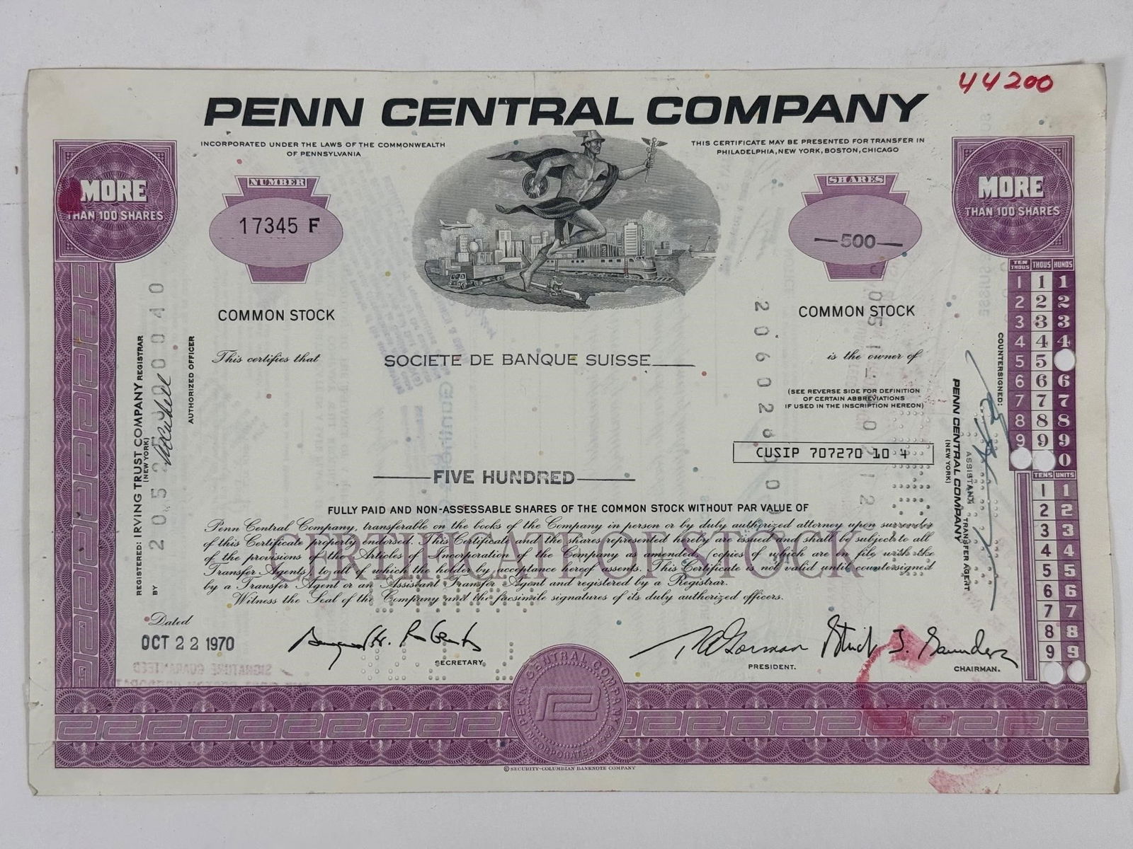 Penn Central Company Stock Certificate: Penn Central Company stock certificate dated October 22, 1970, representing five hundred (500) shares. Issued shortly after the company's bankruptcy filing, this certificate is sought after as a histo