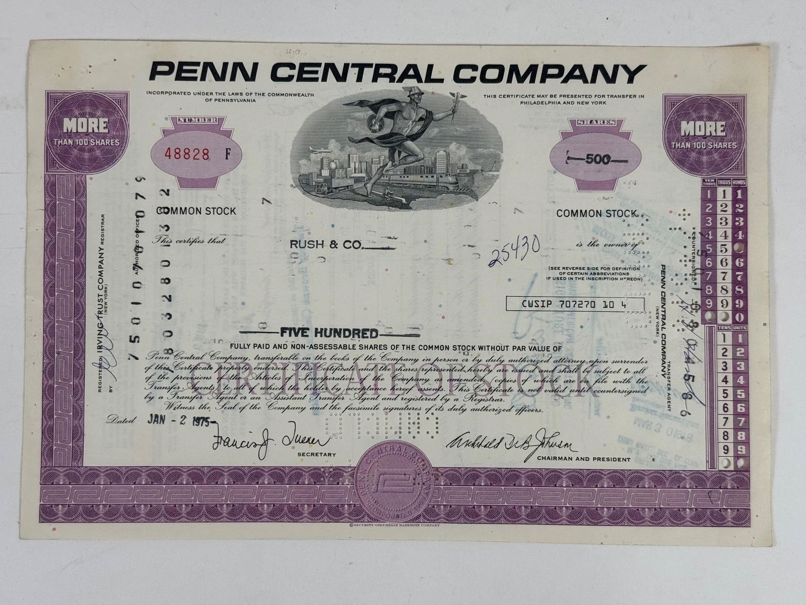 Penn Central Company Common Stock Certificate (1 of 2)