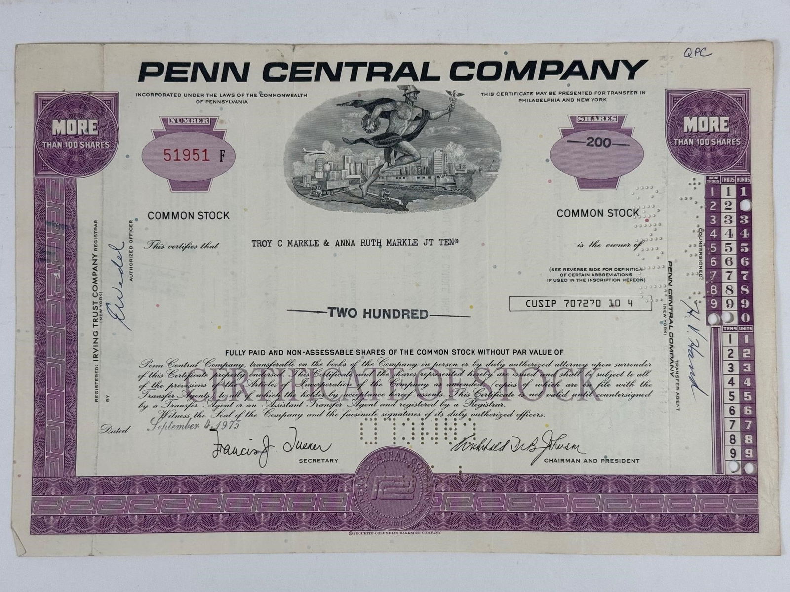 Penn Central Company Common Stock Certificate: Purple Penn Central Company common stock certificate dated September 1975 for two hundred shares.