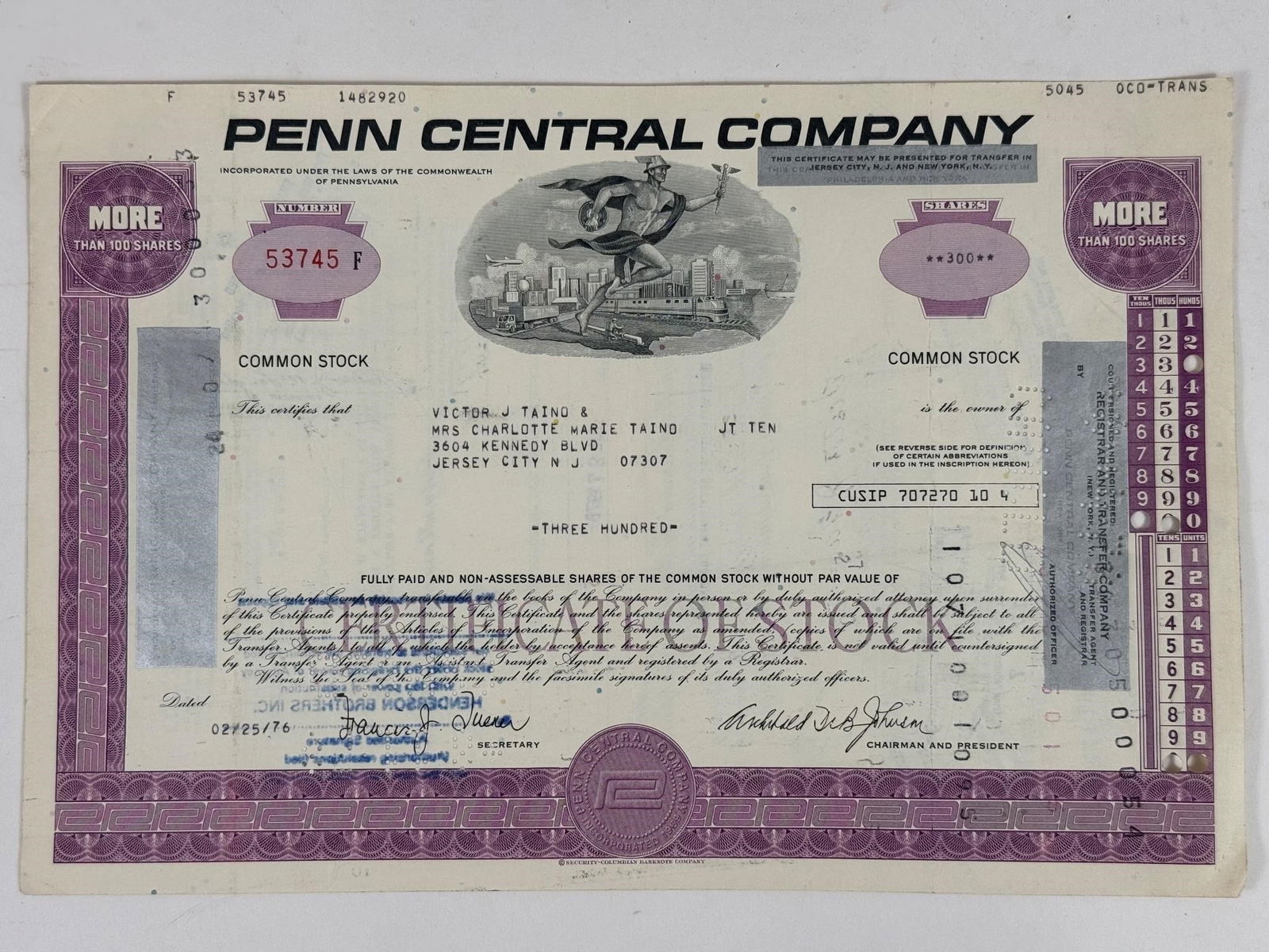 Penn Central Company Stock Certificate (1 of 2)