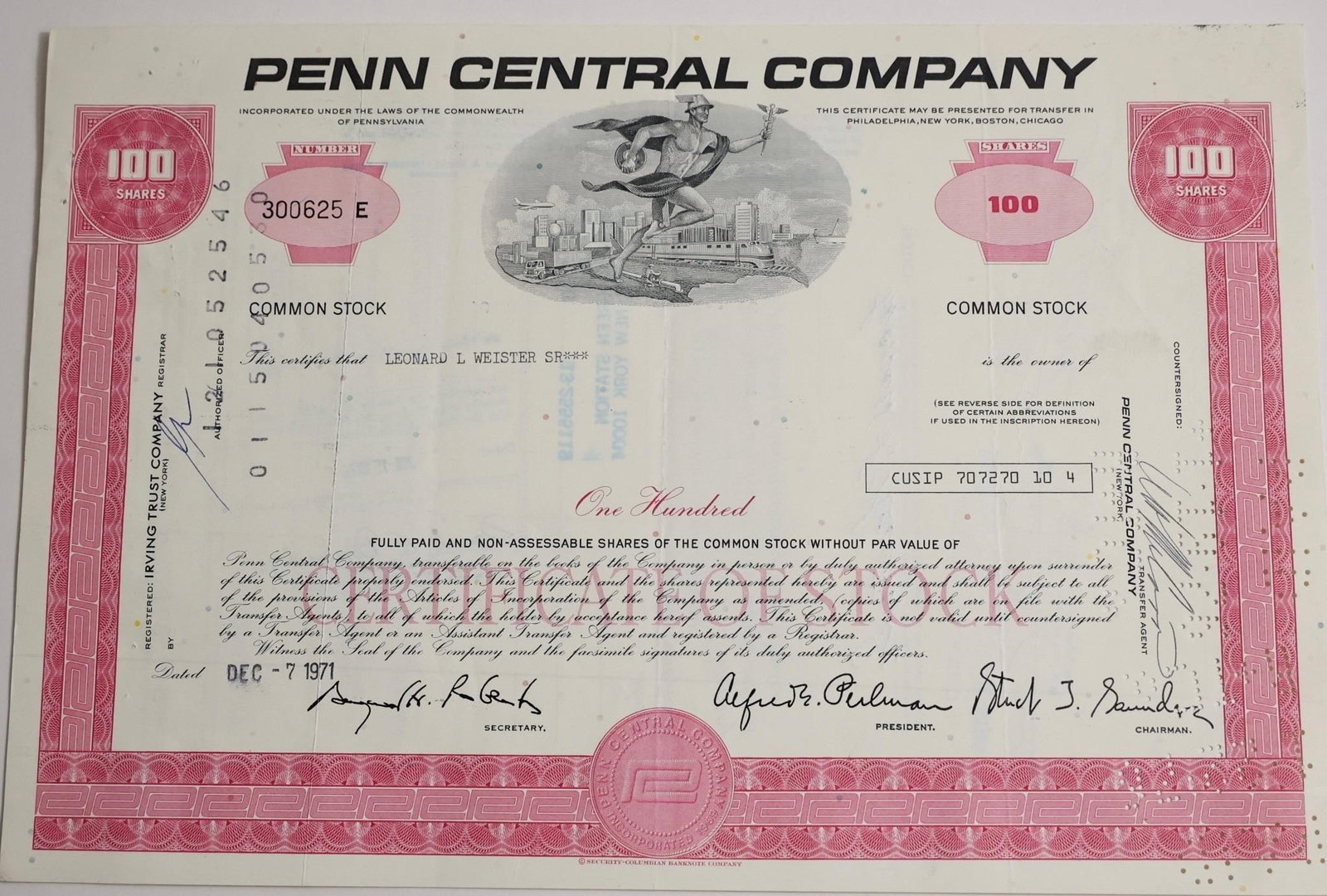 Penn Central Company 100-Share Stock Certificate: A collectible 100-share stock certificate from the Penn Central Company, issued on December 7, 1971, to Leonard I. Webster Sr., featuring classic engraved artwork and historical significance.