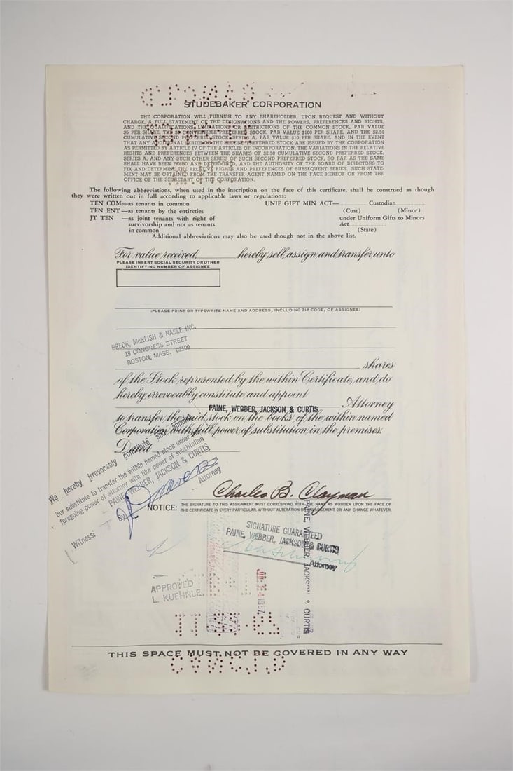 Studebaker Corporation 100-Share - 2