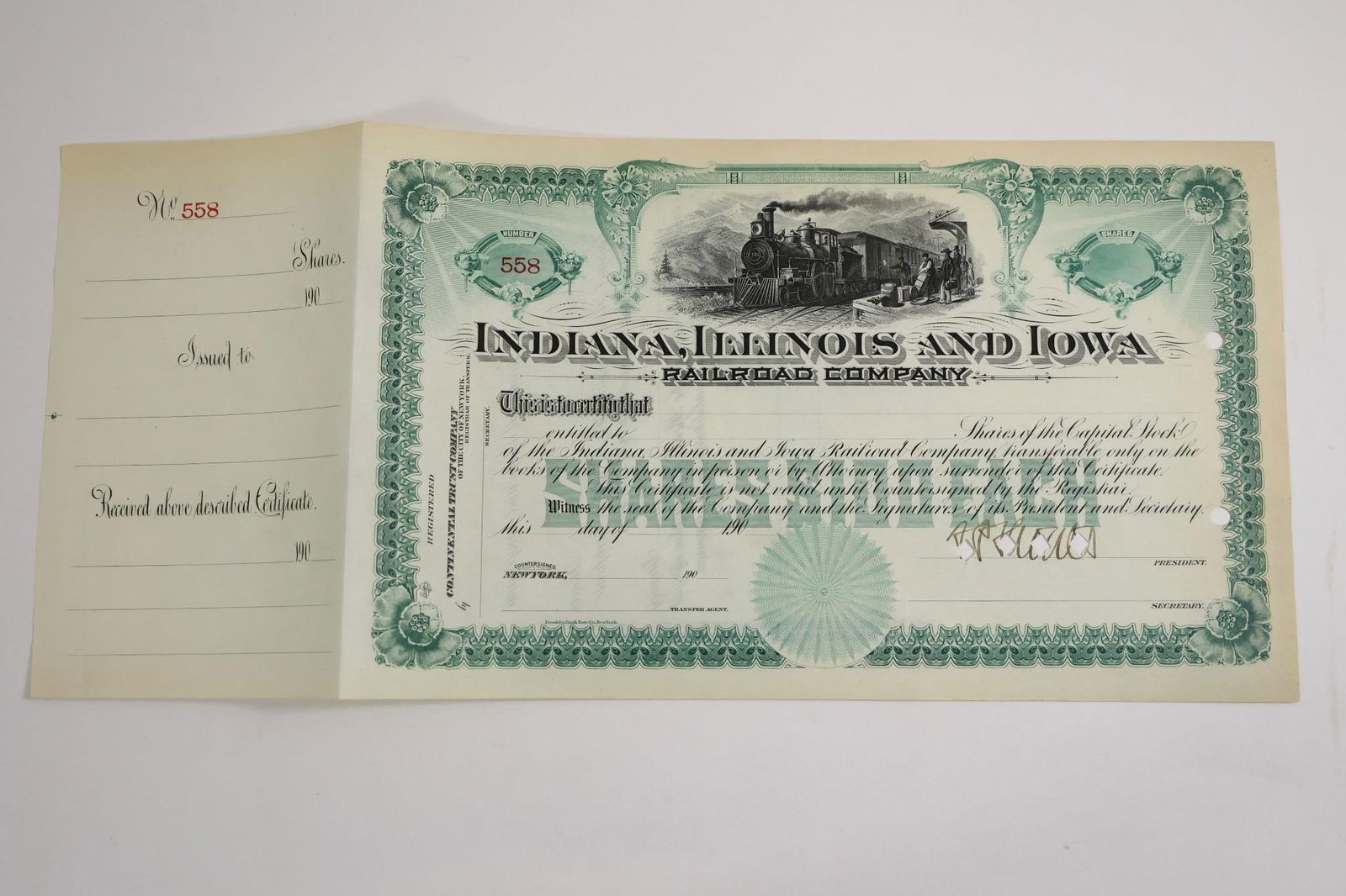 Indiana, Illinois and Iowa Railroad Company: Unissued stock certificate from the Indiana, Illinois and Iowa Railroad Company. Valued as a historical railroad collectible and piece of Americana, with no date.