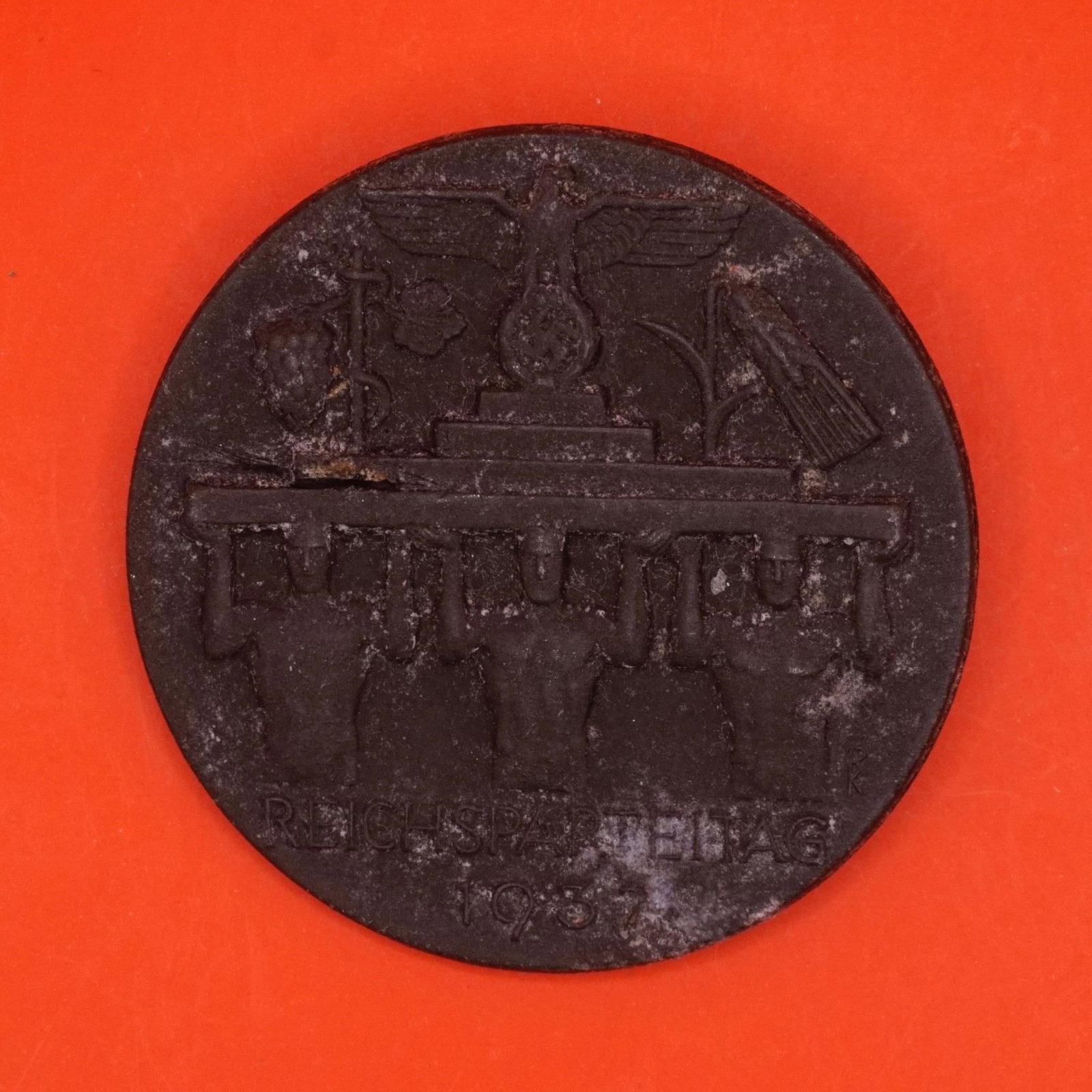 German WWII Reichsparteitag 1937 Tinnie: Original German WWII Reichsparteitag (Nazi Party Rally) 1937 tinnie, metal pinback, good condition, authentic period piece.