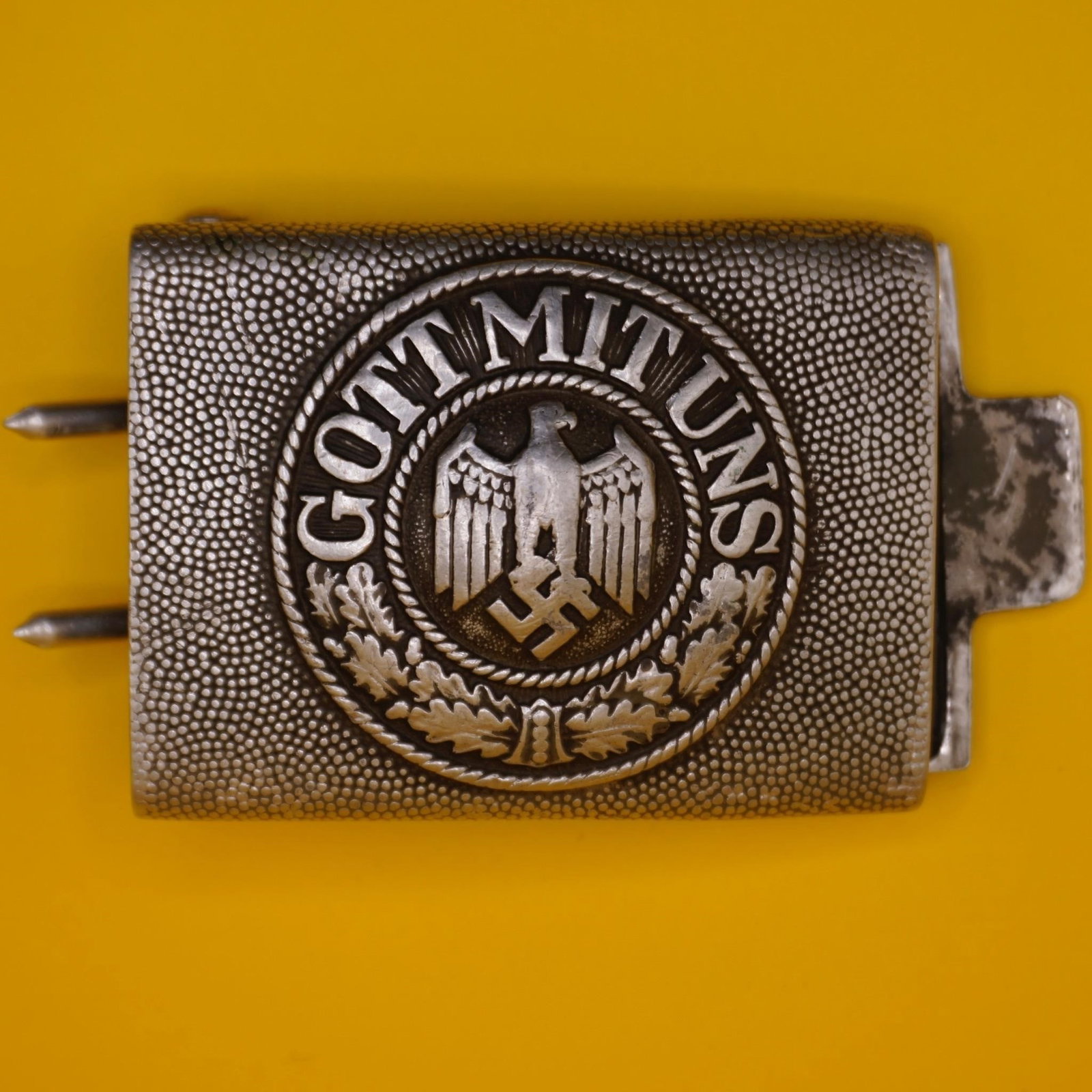 WWII German "Gott Mit Uns" Belt Buckle: Original WWII German metal belt buckle bearing the "Gott Mit Uns" motto, with eagle over swastika.