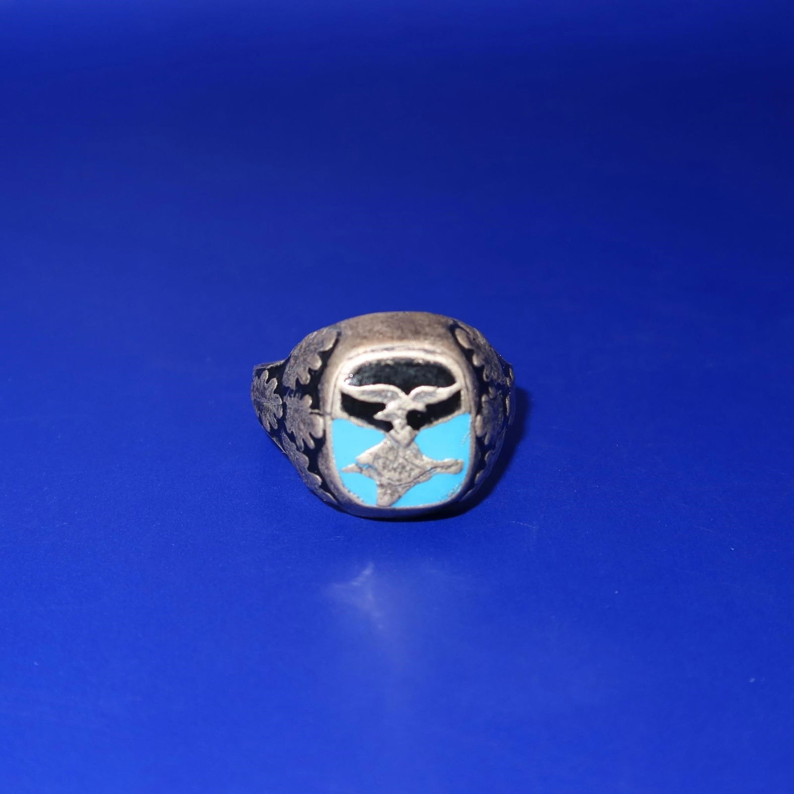 German WWII Krim LUFTWAFFE ENAMEL RING: German WWII Krim Real Solid Silver 800 LUFTWAFFE ENAMEL RING. A VERY RARE FIND. SHOWS GOOD WEAR AND USE WITH A BEAUTIFUL OVERALL PATINA. PLEASE VIEW ALL DETAILED PICTURES. A RARE EXAMPLE OF THE TIME