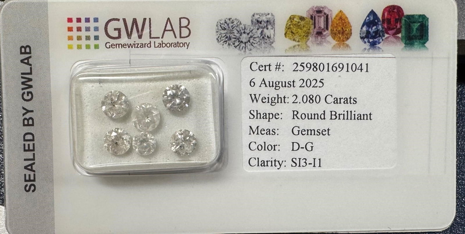 Natural Round Diamonds 2.080 ct (6pc): Total Carat Weight 2.08caratsnumber of Diamonds: 6Color grade: D-GClarity Range: si3-i1