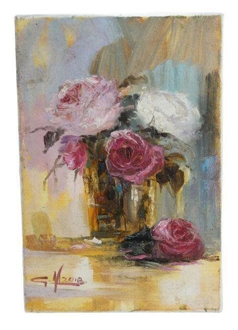Rose Vase by G. Medvetsky: Painting is not framed.Dimensions: 8" x 12"German MedvetskyUkrainian Artist.Oil on canvasBy German Medvetsky: The work is by the artist.