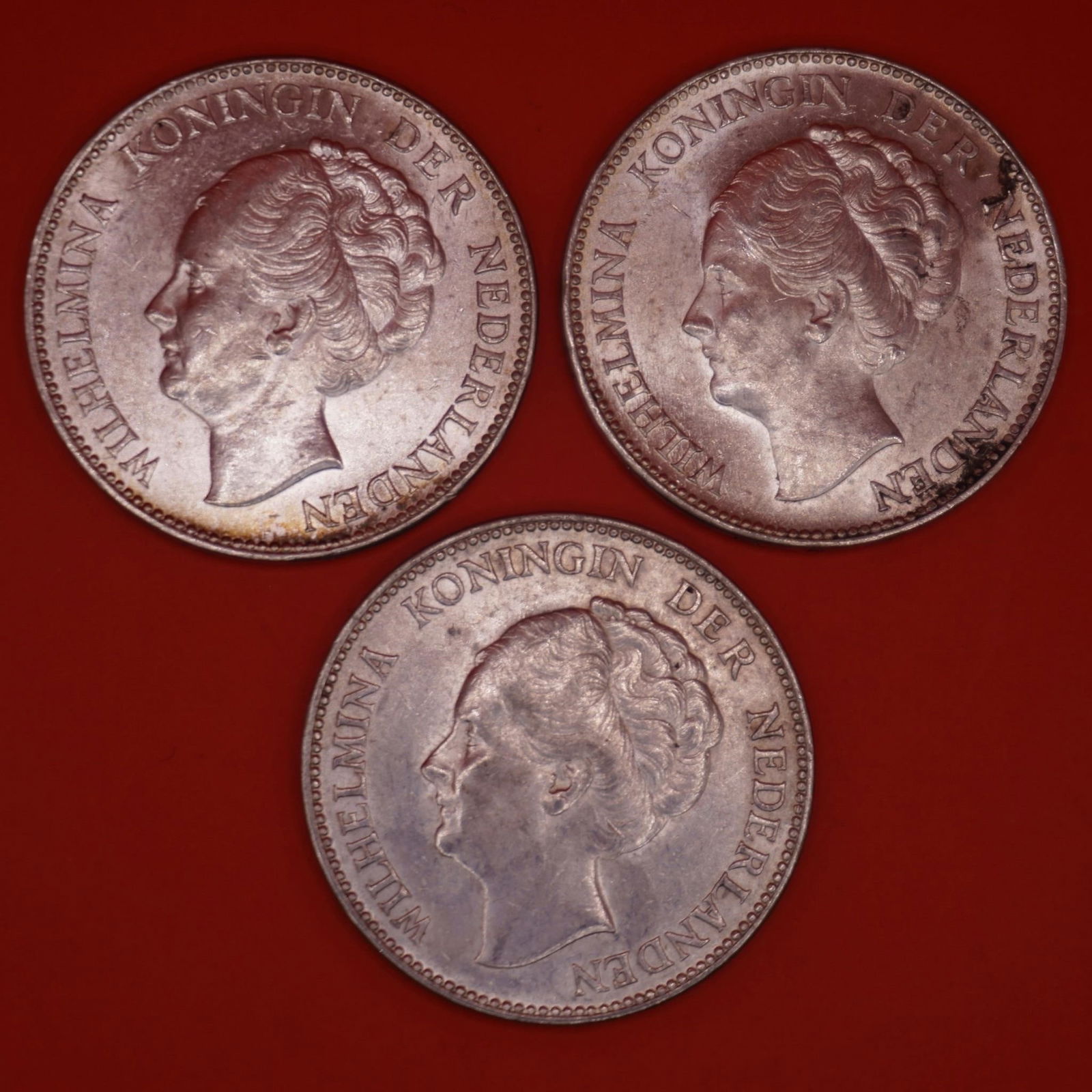 1940 Netherlands Queen Wilhelmina Silver Gulden: Three 1940 Netherlands silver 1 Gulden coin featuring Queen Wilhelmina, struck in .720 silver.