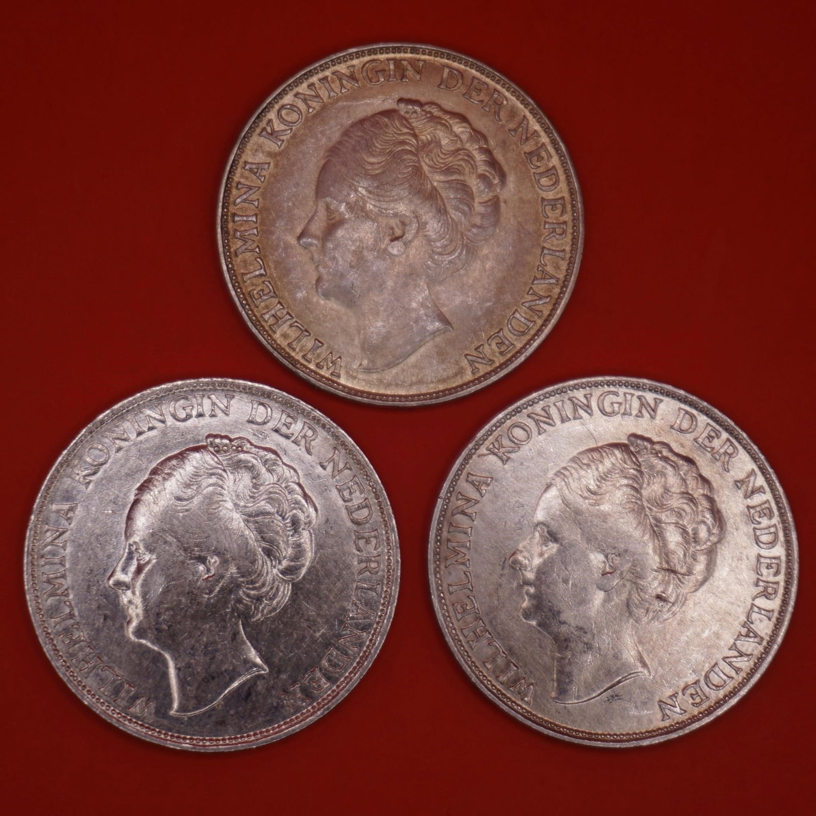 1943 Netherlands Queen Wilhelmina Silver Gulden: Three 1943 Netherlands silver 1 Gulden coin featuring Queen Wilhelmina, struck in .720 silver.