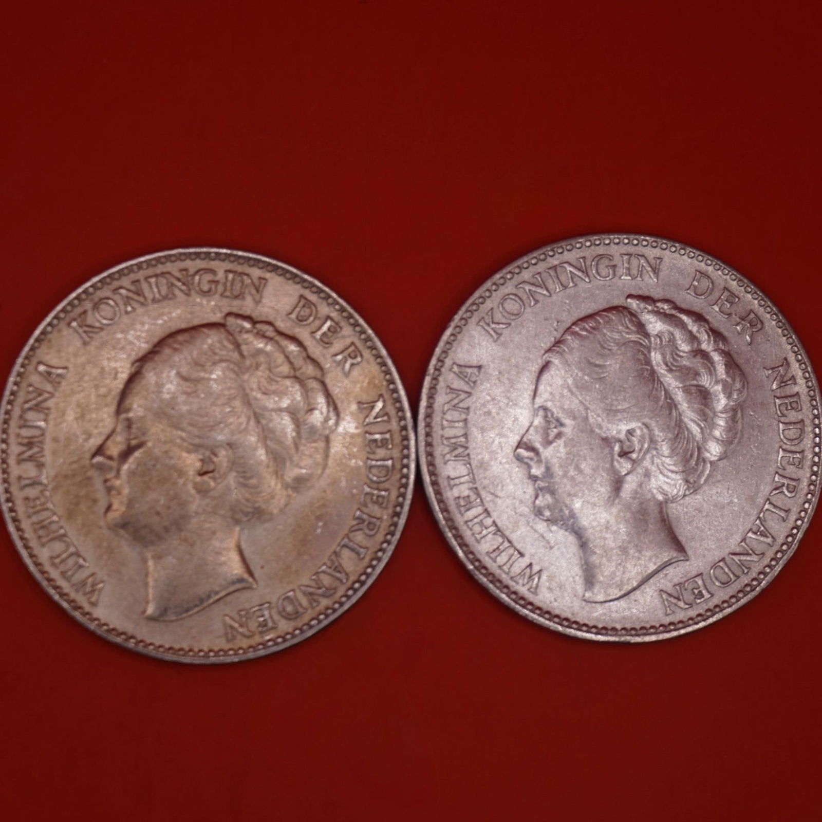 1929 Netherlands Queen Wilhelmina Silver Gulden: Two 1929 Netherlands silver 1 Gulden coin featuring Queen Wilhelmina, struck in .720 silver.