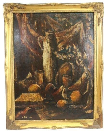 Still Life painting by Joaquin Torres Garcia: MEASUREMENTS: Oil on board. 27 inches high and 22 inches wide. SIGNED: Joaquin Torres Garcia. (Attr) TYPE OF SIGNATURE: Oil in the bottom left corner./MINT CONDITIONPainting is framed.Dimensions: 21"