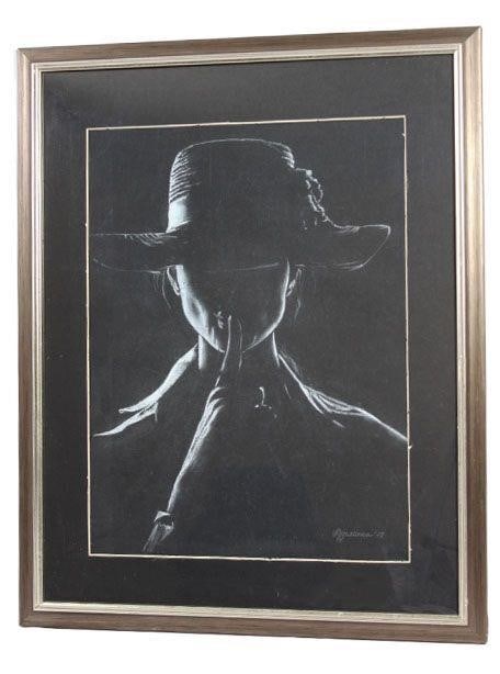 W&B shadow charcoal drawing by Natalia Kuznecova: Artwork is framed.Dimensions: 17" x 22"Ukrainian Artist.White charcoal on black paper.By Natalia Kuznecova: The work is by the artist.