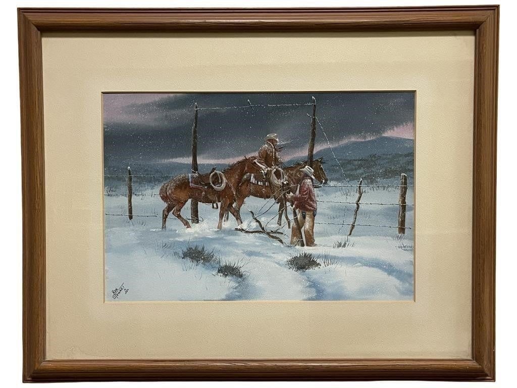 Painting by Ron Stewart "Coming Storm": Ron Stewart, Coming Storm. Western winter scene depicting a cowboy on horseback near a fence line. Gouache on paper, signed lower left, and presented in a wood frame with mat.Measures approx. 33 x 26
