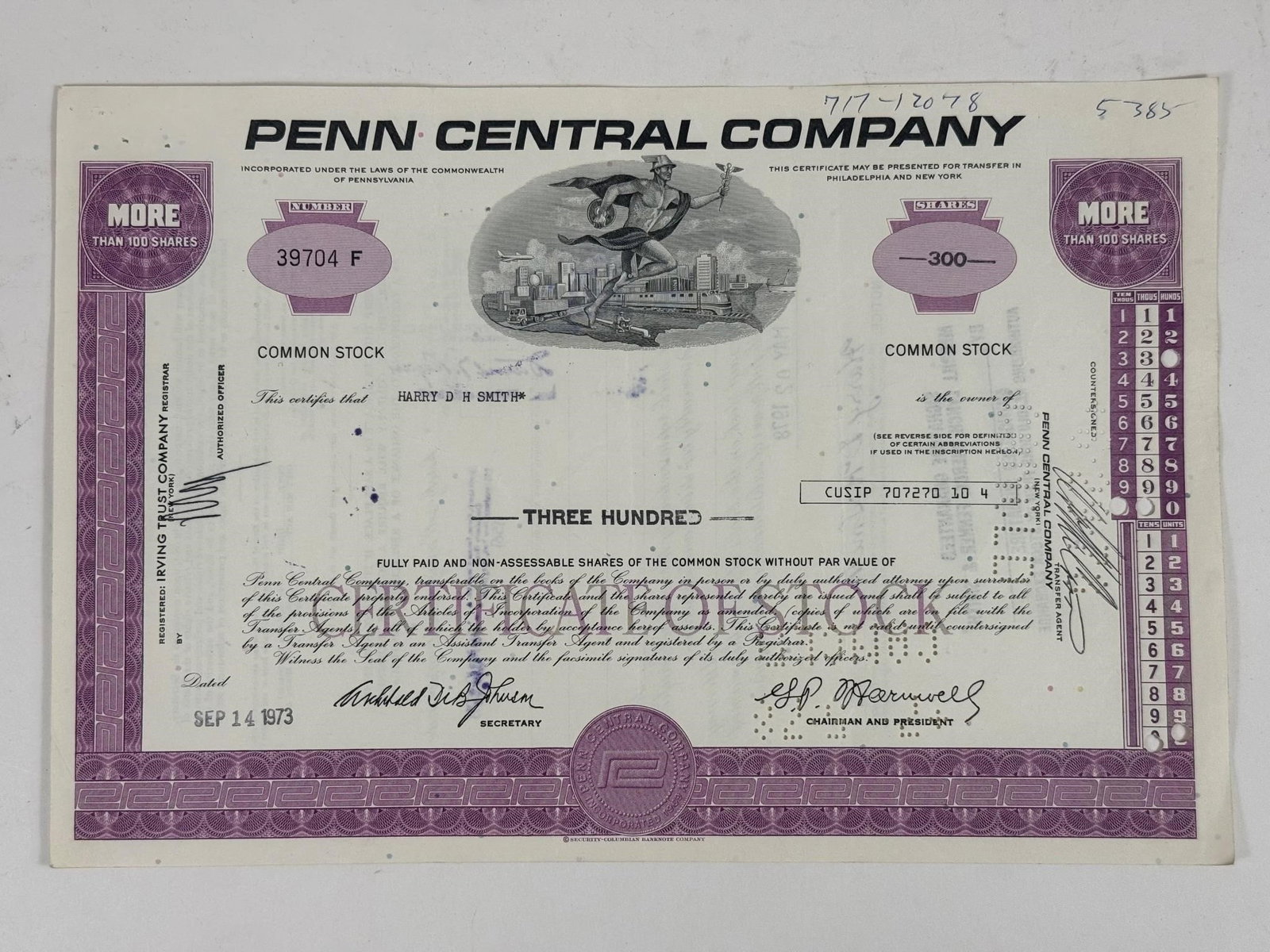 Penn Central Company Stock Certificate: Collectible Penn Central Company stock certificate issued September 14, 1973, in the name of Harry D. H. Smith, representing three hundred (300) shares. Valued by scripophily collectors, this certific