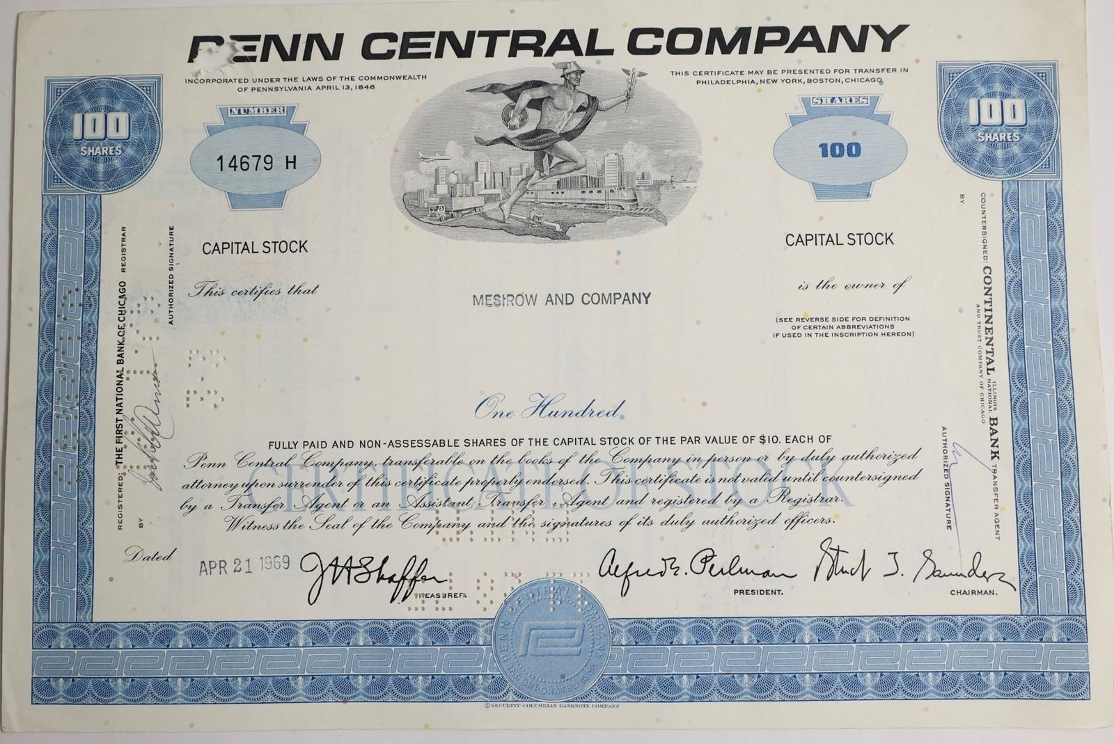 Penn Central Company Stock Certificate (1 of 2)