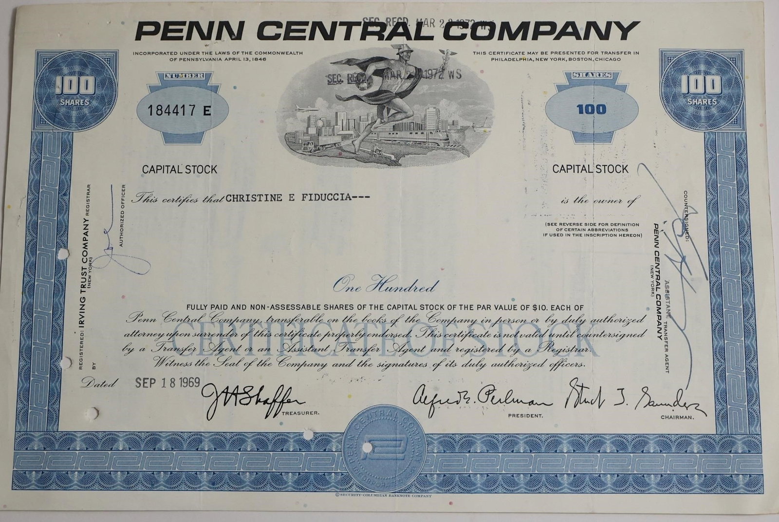 Penn Central Company 100-Share Stock Certificate (1 of 2)