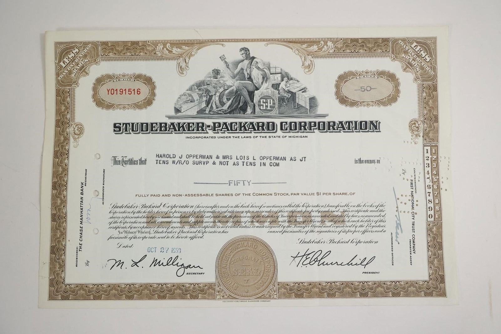 Studebaker-Packard Corporation Stock Certificate (1 of 2)