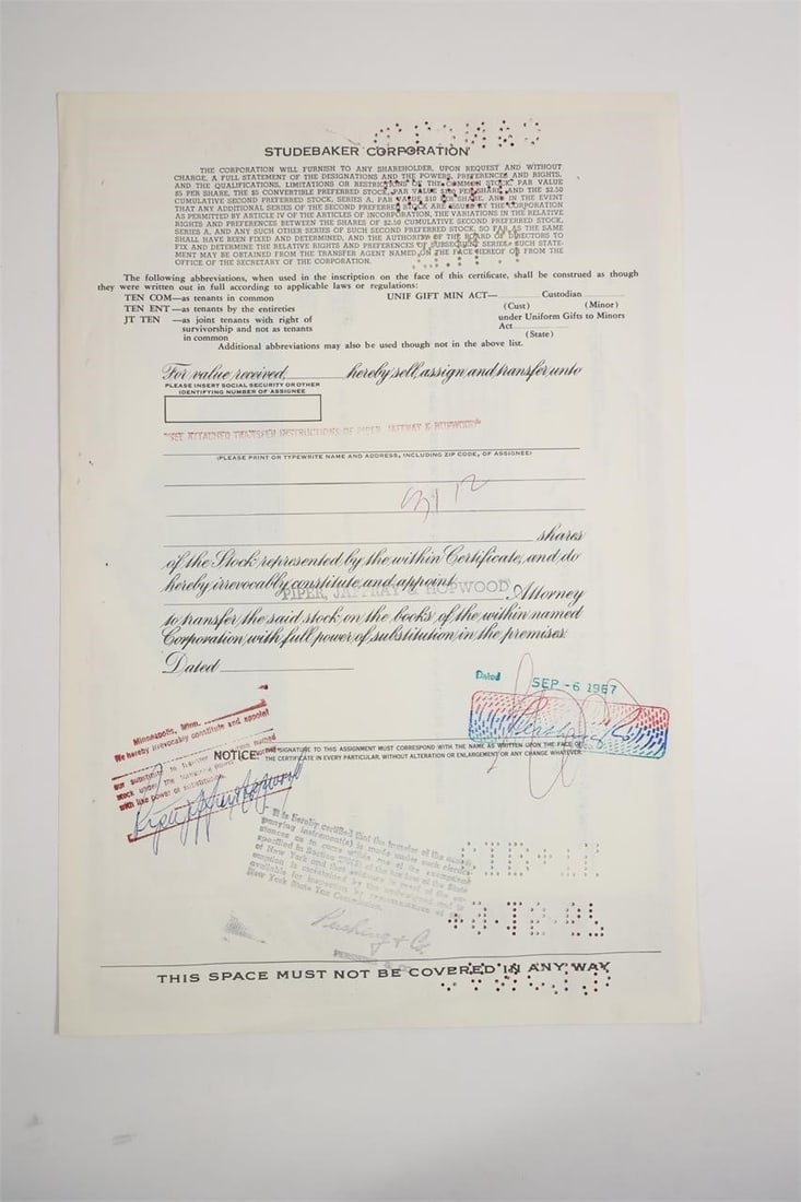 Studebaker Corporation Stock Certificate - 2