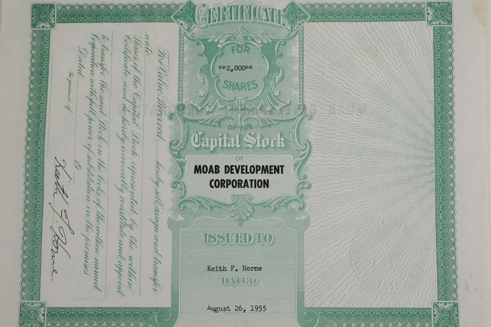 1955 Moab Development Corp Stock Certificate - 2