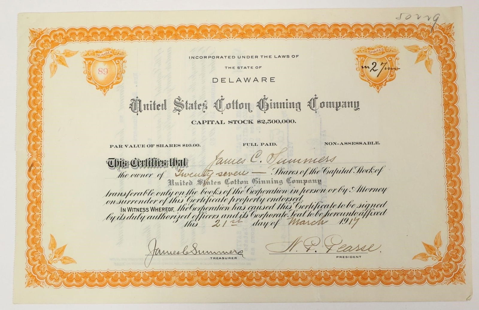 United States Cotton Ginning Stock Certificate: Vintage stock certificate for the United States Cotton Ginning Company. Issued on March 21, 1917.