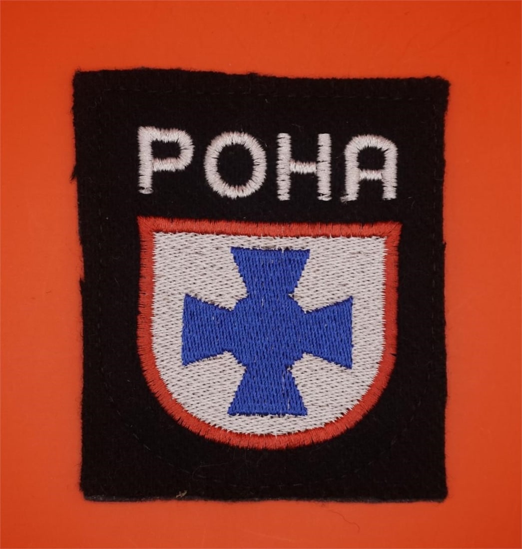 Russian People Liberation Army Reproduction Patch: This is a reproduction patch for the Russian People's Liberation Army (RONA). The Cyrillic text "" stands for Russkaya Osvoboditel'naya Narodnaya Armiya. The formation was a collaborationist military