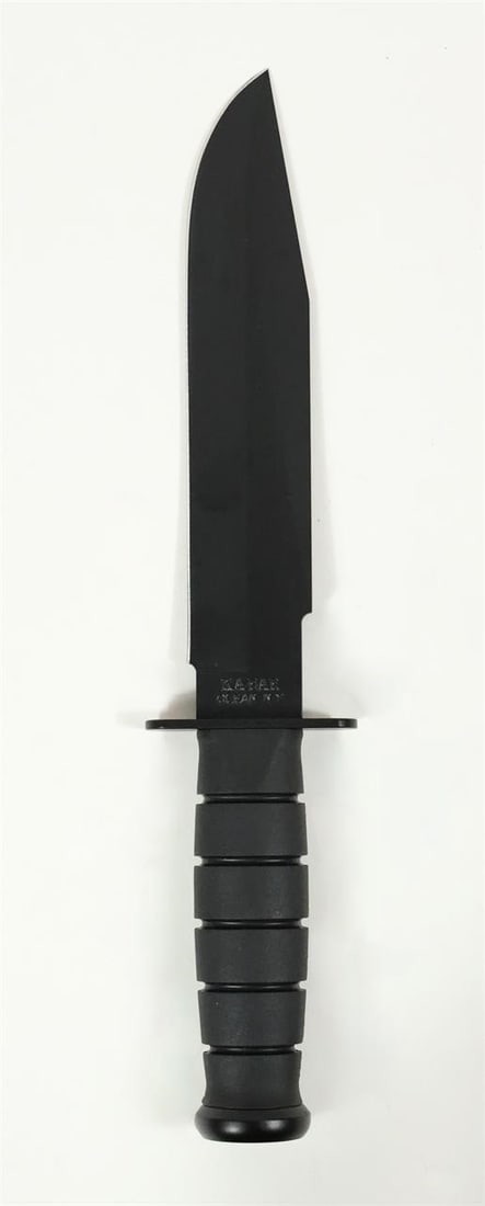KA-BAR 1269 Fighter Knife: KA-BAR 1269 Fighter fixed blade knife with 8-inch 1095 Cro-Van steel blade and plain edge. Features a black handle for secure grip and includes a black hard plastic sheath. Designed for durability and